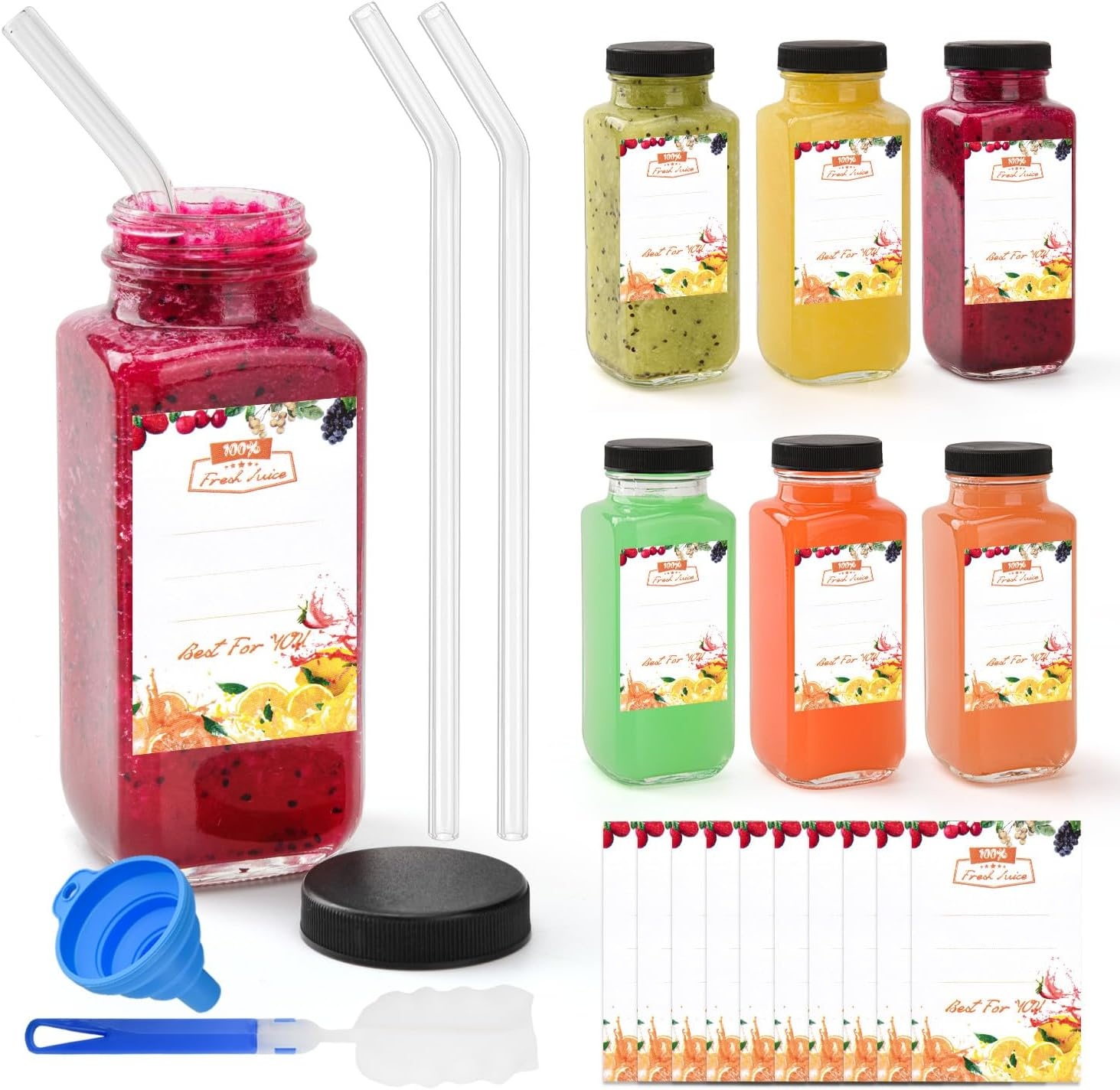 V&middot;Colokishi Pack of 6 250 Ml Square Glass Bottles with Glass Straws, Airtight, Durable, Versatile for Drinking, Food Storage, School, Outdoor, Crafts, On-The-Go image number 4