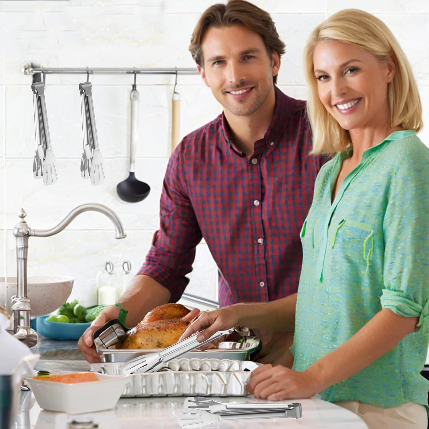 3Pcs Stainless Steel Kitchen Tongs - Suitable for BBQ, Pasta, Meat, and Home Party (9In) image number 1