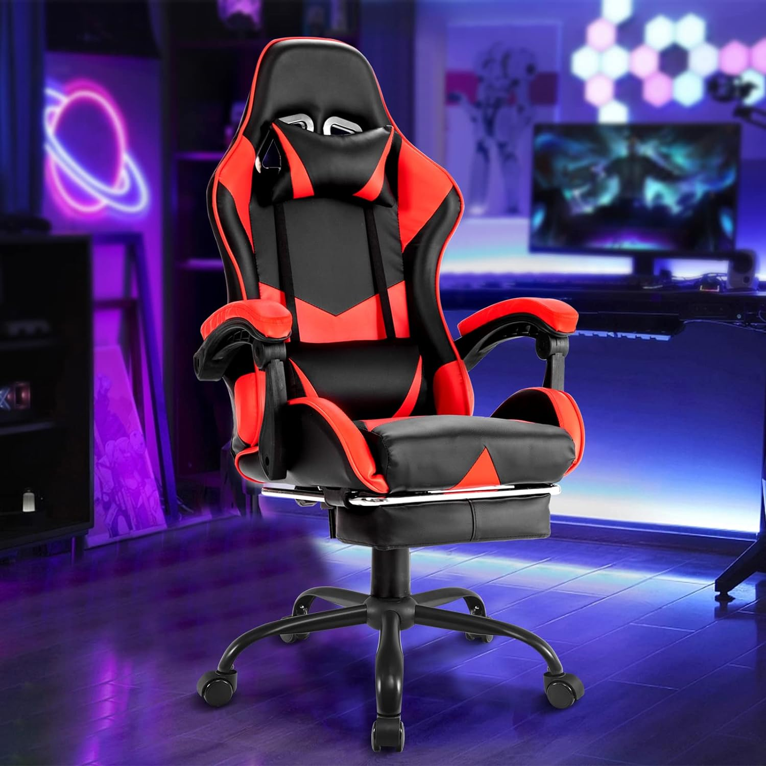 PU Leather Ergonomic Gaming Chair with Footrest Computer Racing Chair Reclining Executive Office Chair Desk Chair for Adults Teens Red & Black image number 5
