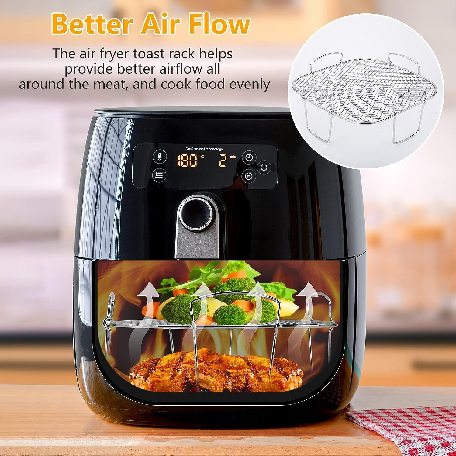 Air Fryer Rack, 304 Stainless Steel Dehydrator Rack, Square Air Fryer Basket Multi-Purpose Grill Shelf for 7.5L-8L Fryer and Oven (Single Layer) image number 3