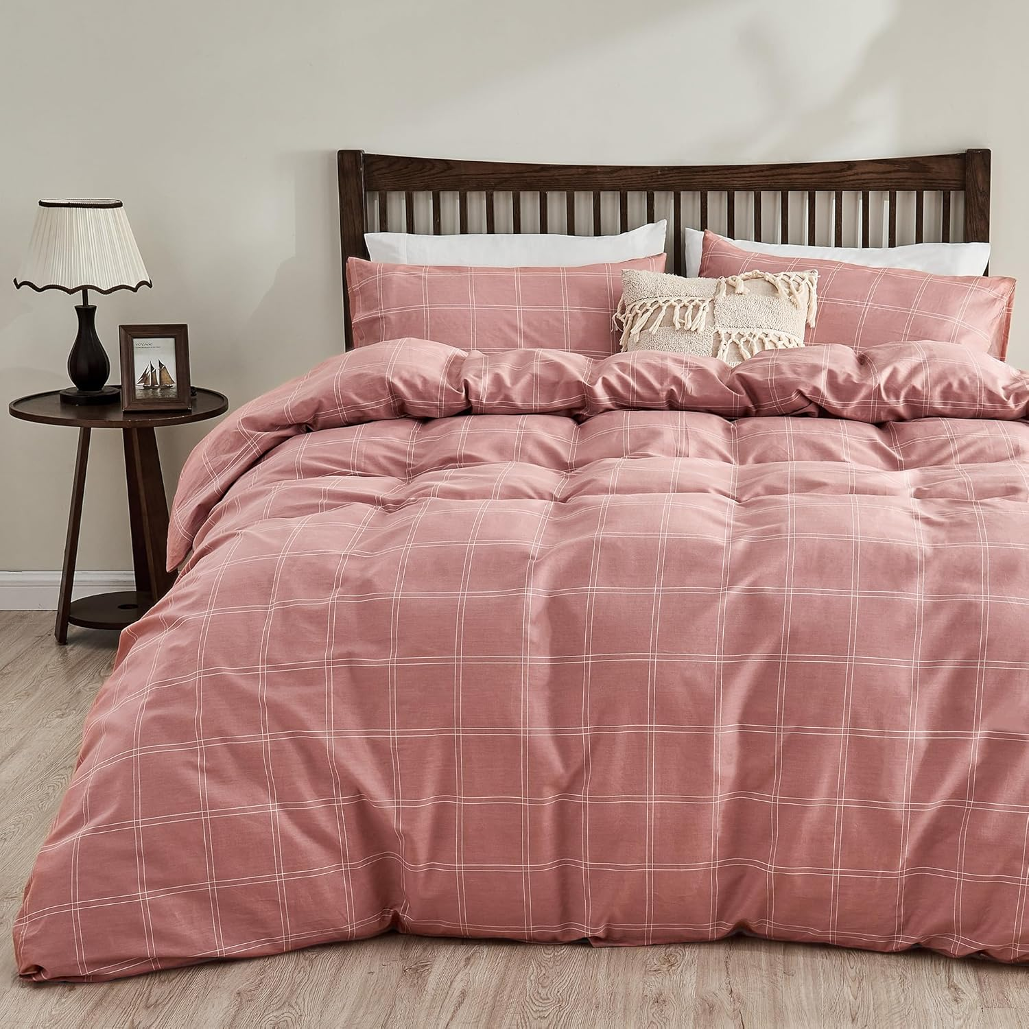 JELLYMONI 100% Natural Cotton 3Pcs Striped Duvet Cover Sets, Dark Grey Duvet Cover with White Stripes Pattern Printed Comforter Cover, with Zipper Closure & Corner Ties(Queen Size)