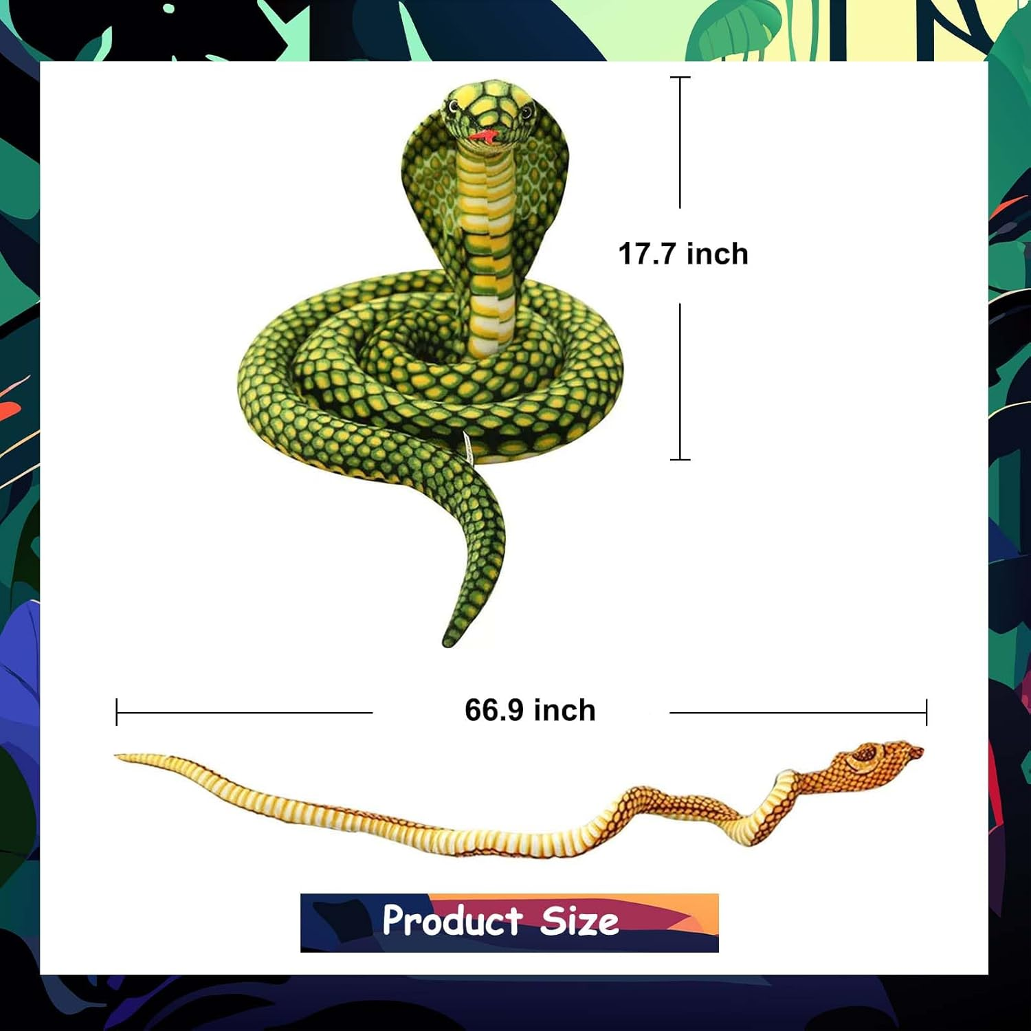 67 Inch Realistic Eyed Cobra Plush Toy,Large Snake Stuffed Animal for Pranks,Parties,And Decor(Green) image number 5