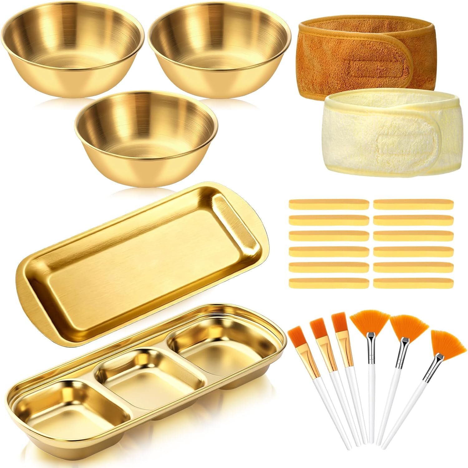 Lemonroad 25 Pcs Esthetician Facial Supplies Set, 3 Stainless Steel Mixing Bowls, 2 Serving Trays, 6 Brushes, 2 Hairbands, 12 Compressed Sponges for Women Facial Mask Spa Home Use (Silver)