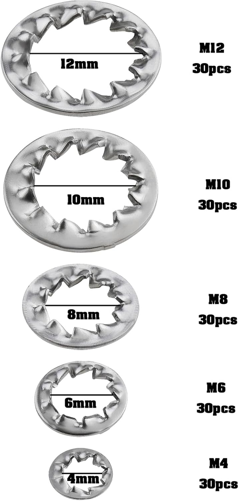 VGOL 150Pcs Internal Toothed Shakeproof Lock Washers 304 Stainless Steel Bolt Base DIN6798J for Furniture Repair Outdoor Construction Electrical Maintenance (M4/M6/M8/M10/M12) image number 6