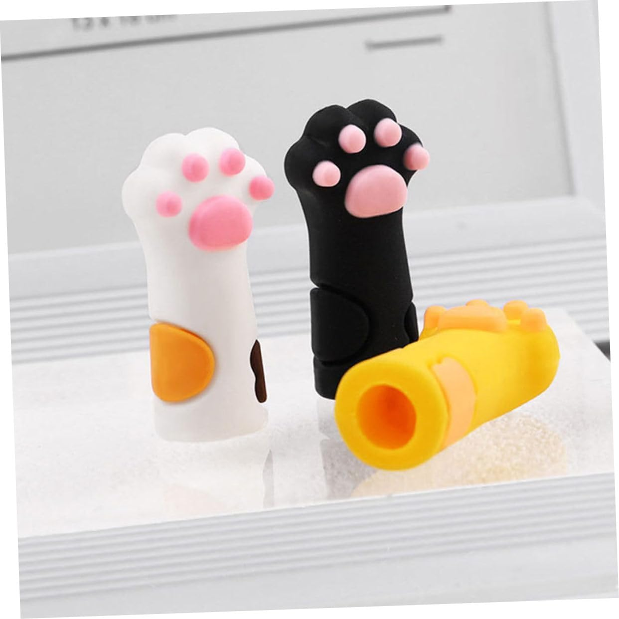 Beaupretty 6Pcs Silicone Cat Paw Shaped Scissors Caps Protective Cover Set for Manicure and Pedicure Tools Nail Cuticle Tool Holders in White, Black, and Yellow for Travel Storage