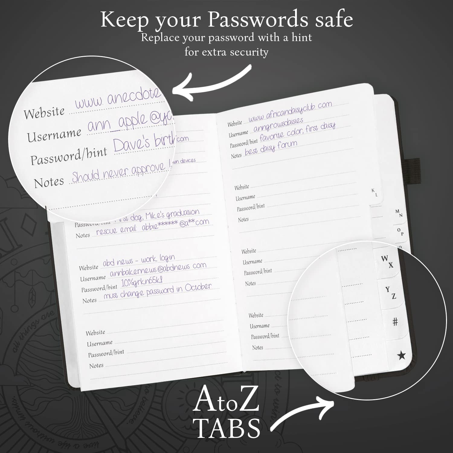 Legend Planner Password Book with Alphabetical Tabs. Internet Address & Password Keeper Logbook. Pocket Size 4.0"X5.5", Journal Notebook for Password Organization & Saving Website Logins - Black image number 2