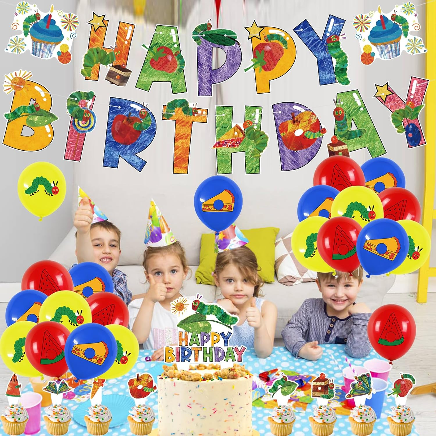 The Very Hungry Caterpillar Birthday Balloons, Banner, Cake Toppers - Bright, Cartoon, Includes Balloon Bow image number 5