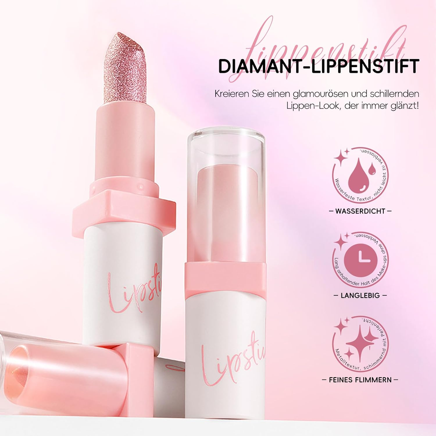 Noerrors Metallic Nude Glitter Lipstick, Intense Shine Lipstick Transfer-Resistant Diamond Creamy Brown Pink Long Lasting Lip Makeup for Women Girls image number 4