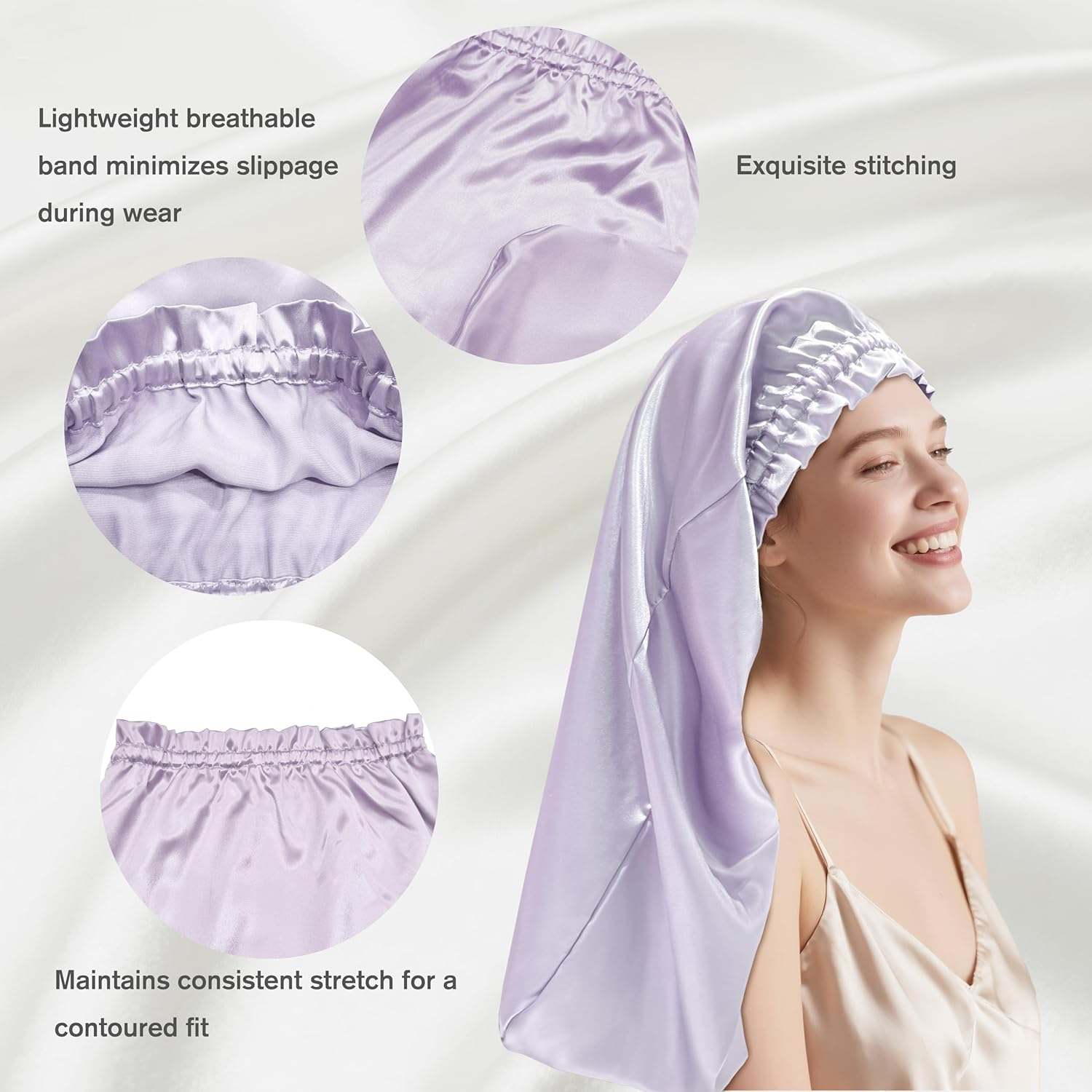 Townssilk Silk Bonnet for Sleeping, 100% 22 Momme Mulberry Silk for Women, Luxurious, Breathable, Fits Secure Overnight & Pressure Free, Ideal for Long & Curly Hair - Lavender 58 Cm image number 6