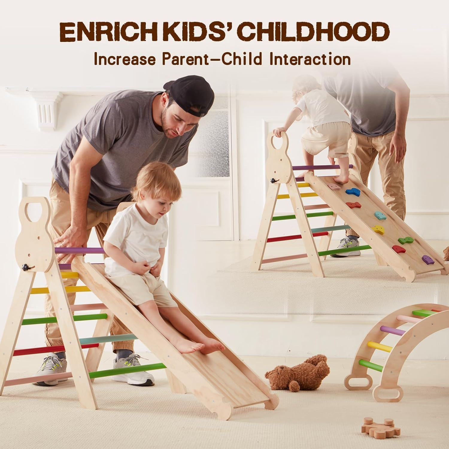 Pikler Triangle Set 7In1 Foldable Baby Climbing Toys Wooden Montessori Climbing Set with Arch&Ramp&Ladder Baby Climber Indoor Jungle Gyms for Toddlers Montessori Toys - Rainbow (Rainbow) image number 3