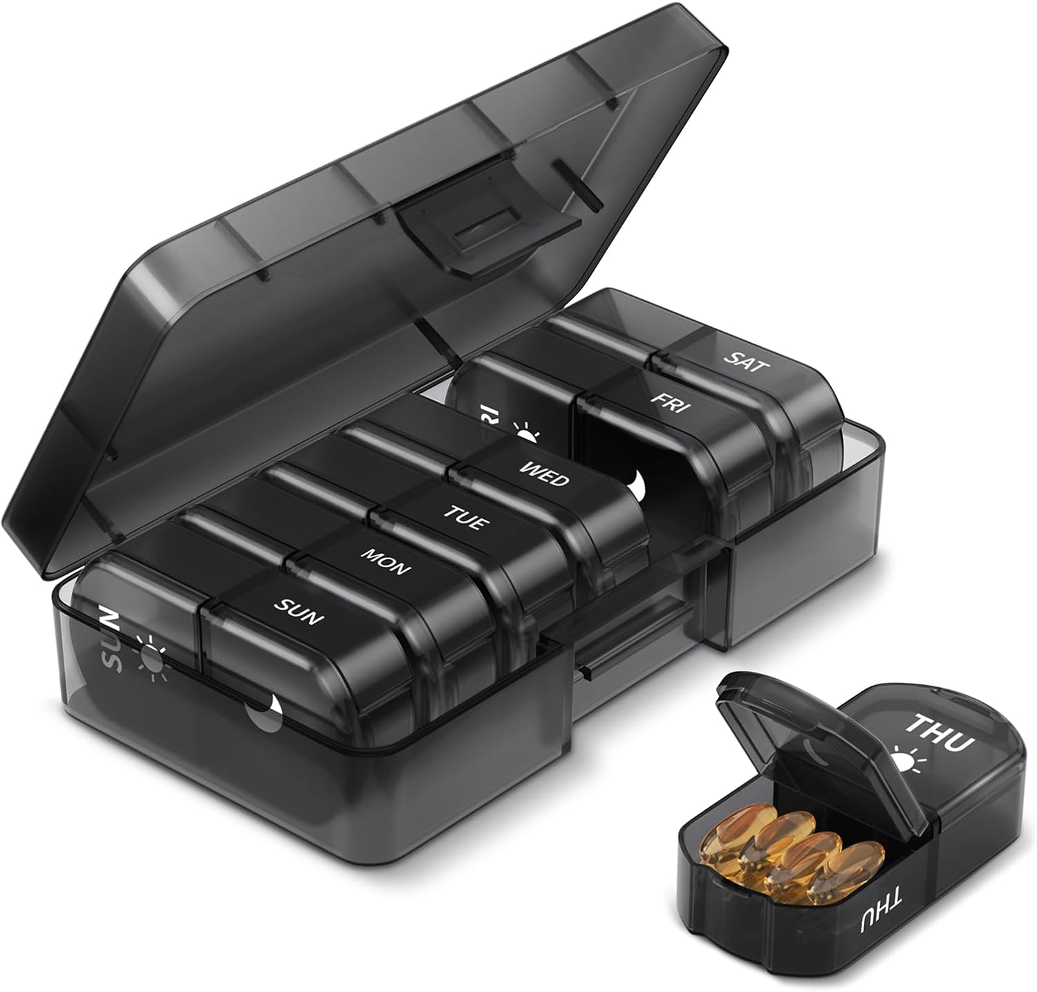 Opret Pill Organiser 7 Day, Weekly Pill Box 2 Times a Day for AM PM, Travel Tablet Organiser with 14 Large Compartments, for Vitamins Supplements Medication (Rainbow)