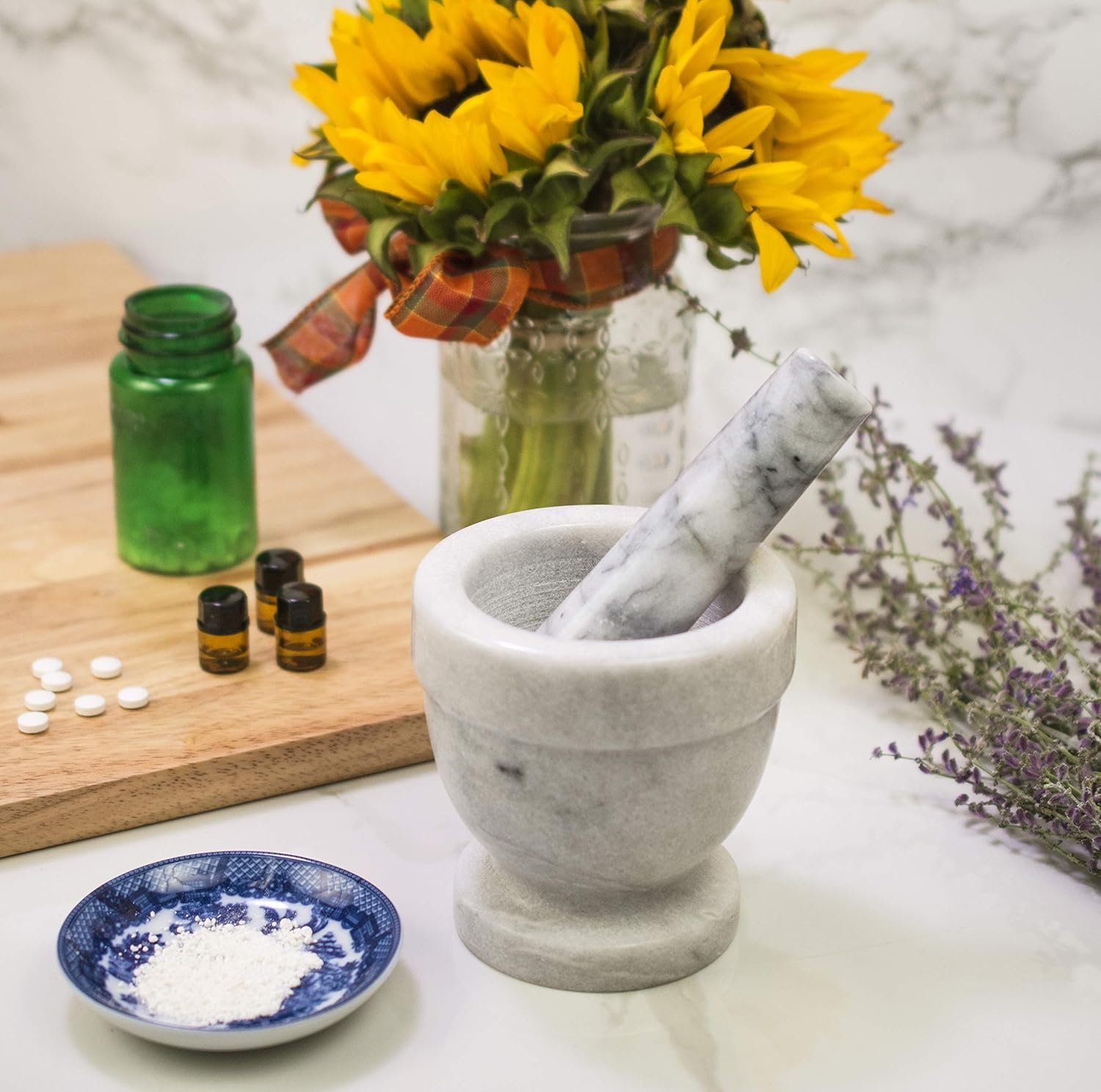 HIC Mortar and Pestle Spice Herb Grinder Pill Crusher Set, Solid Carrara Marble, 4-Inch X 2.5-Inch Footed - White image number 1