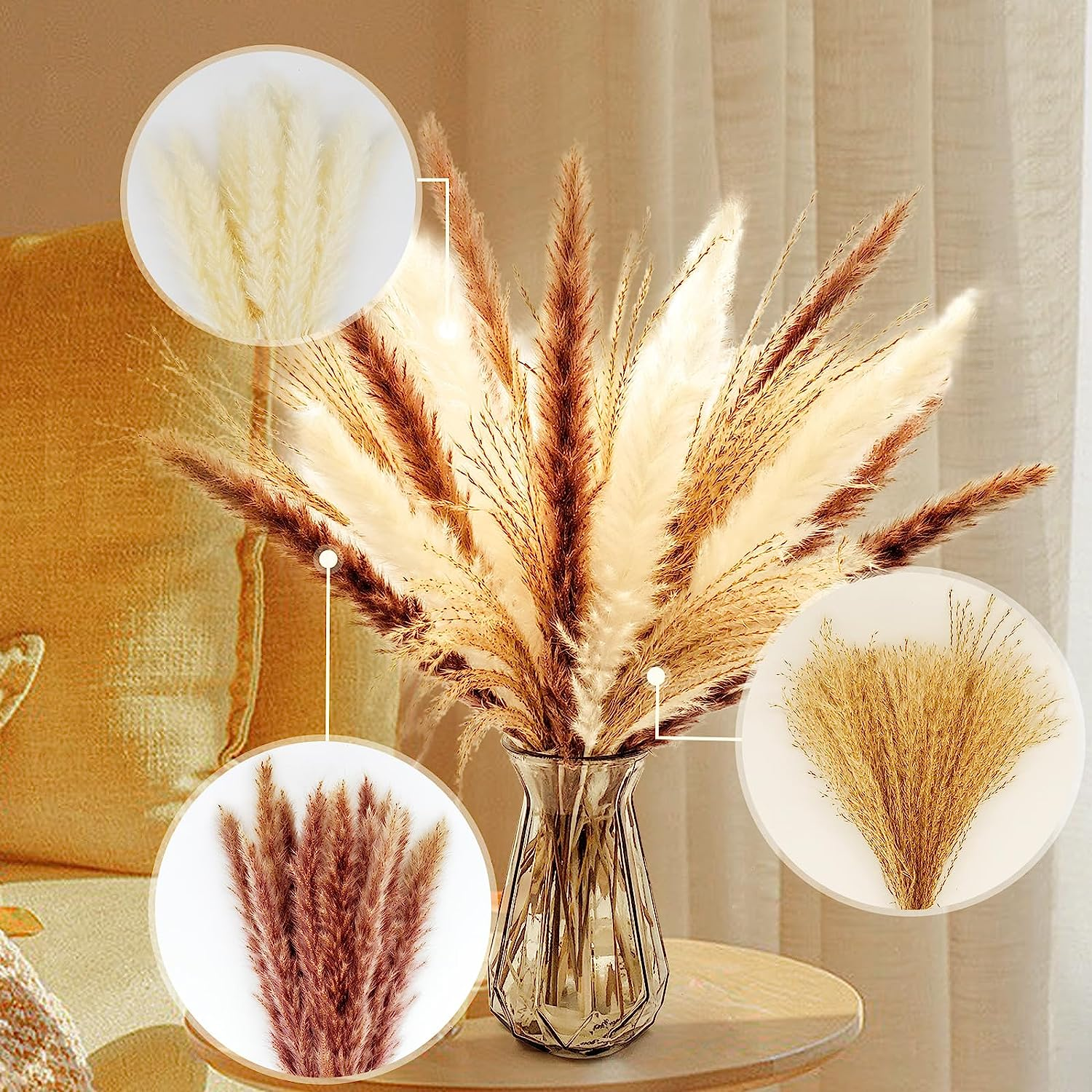 Total 60 Pcs | 15 Pcs White Pampas & 15 Pcs Brown Pampas & 30 Pcs Reed Grass/Natural Dried Pampas Grass for Flower Arrangements Home Decor image number 2