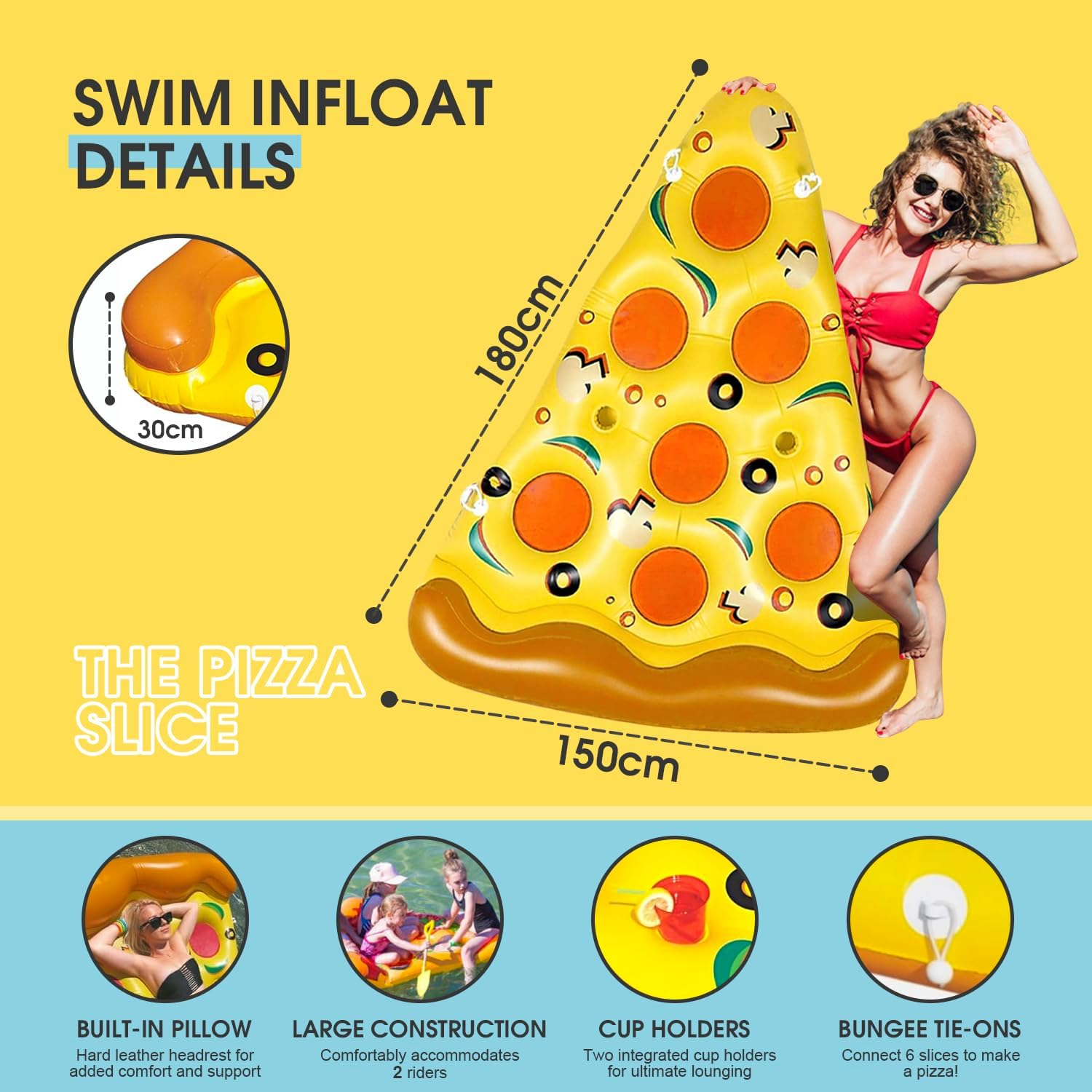 Chamgeco Giant Pool Float 180X150Cm, Pizza Slice Swimming Pool Float, Fun Floaties Pool Raft with 2 Cup Holders, Inflatables Floating Rafts Air Mattress Ride-On Lounge Raft Swim Rings (Pizza) image number 4