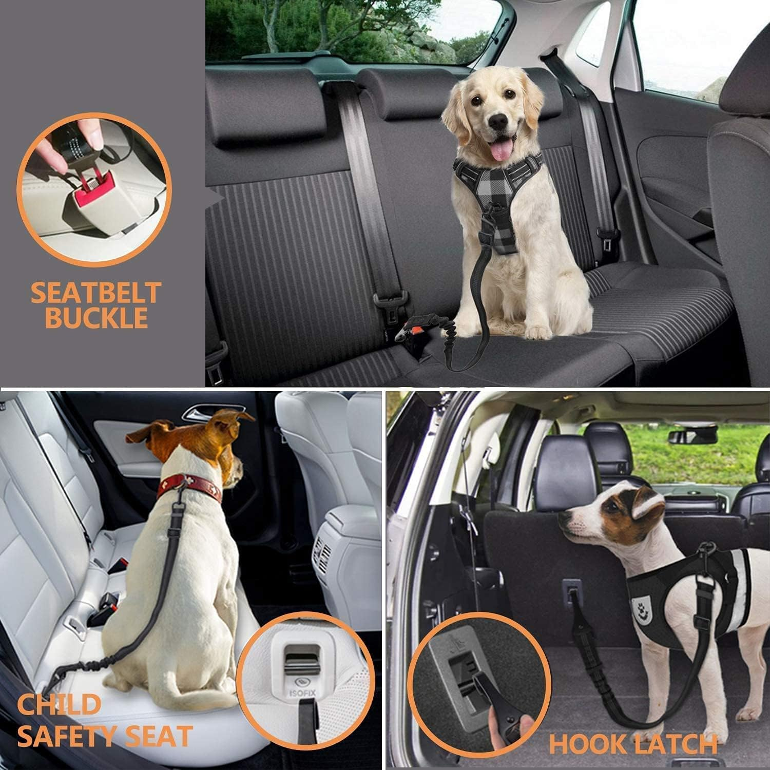 Kelivi 2-In-1 Dog Car Seat Belt 2 Packs Adjustable Dog Seat Belts for Car, Hook Latch Bar & Seatbelt Buckle Pet Dog Car Harness Belt for Vehicle Trip (Black)