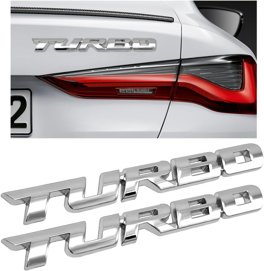 2PCS Turbo Car Emblem Decal, 3D Metal Fender Logo Badge Sticker, Zinc Alloy Auto Front Hood Side Body Emblem Sticker, Universal Exterior Decor Car Accessories for SUV Truck (Silver)