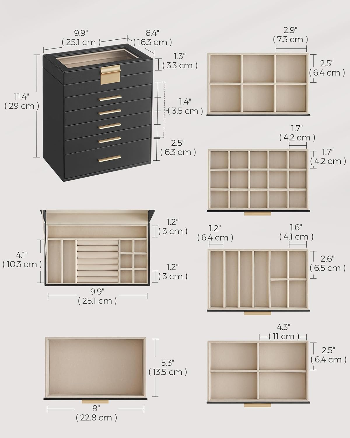 SONGMICS JBC171B01 6 Tier Jewellery Box with Glass Lid 5 Drawers Sunglasses Large Jewellery Storage Modern Graphite Black Gold - Graphite Black + Golden image number 4