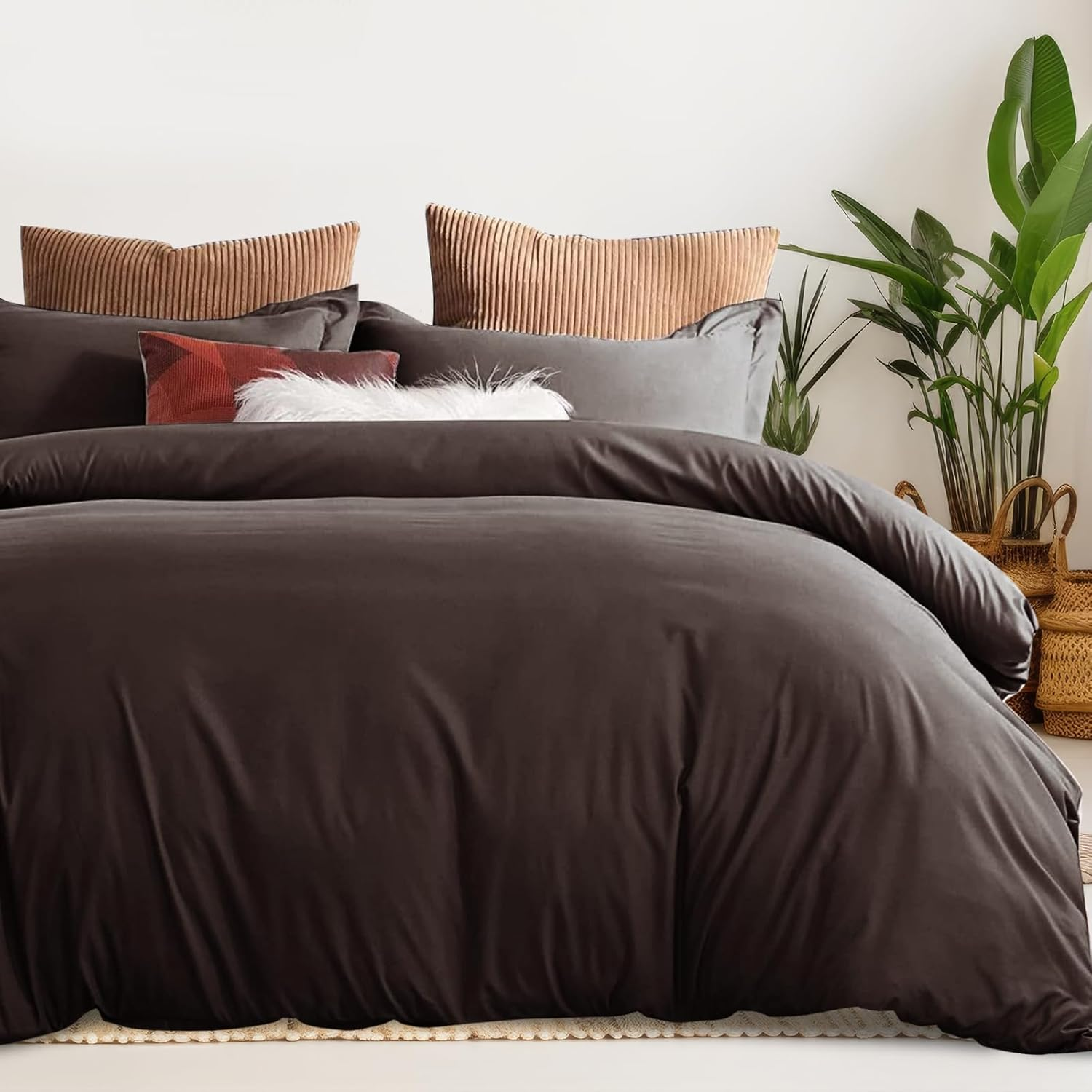 LINENOVA Queen Quilt Cover Set, 100% Luxury Cotton Duvet Cover with Buttons Closure,Ultra Soft Solid Plain Color 3Pcs Doona Cover Set(Queen, Olive)