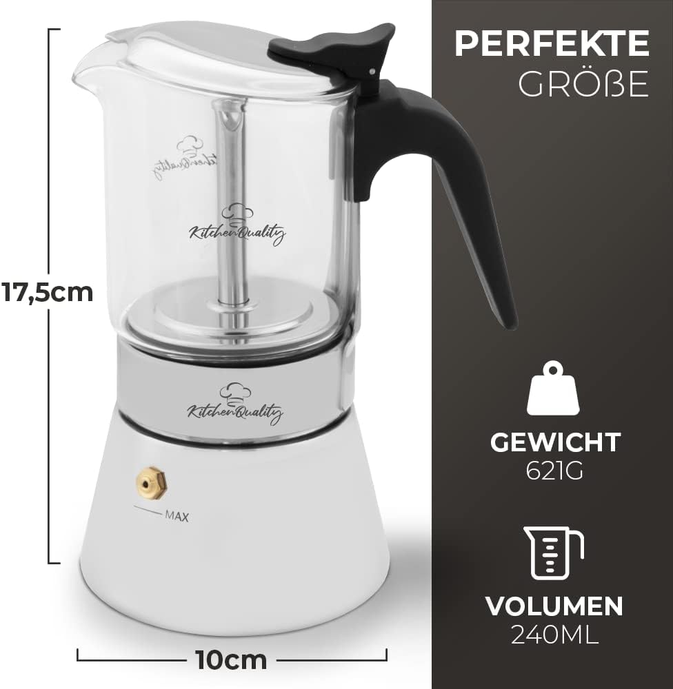Kitchenquality Espresso Maker - Glass + Stainless Steel - 240 Ml - for 4 Cups - 18.5 X 14 Cm - for Ceramic Hobs, Gas, Electric + Induction Cookers - with Portion Spoon + 3 Cork Coasters image number 3