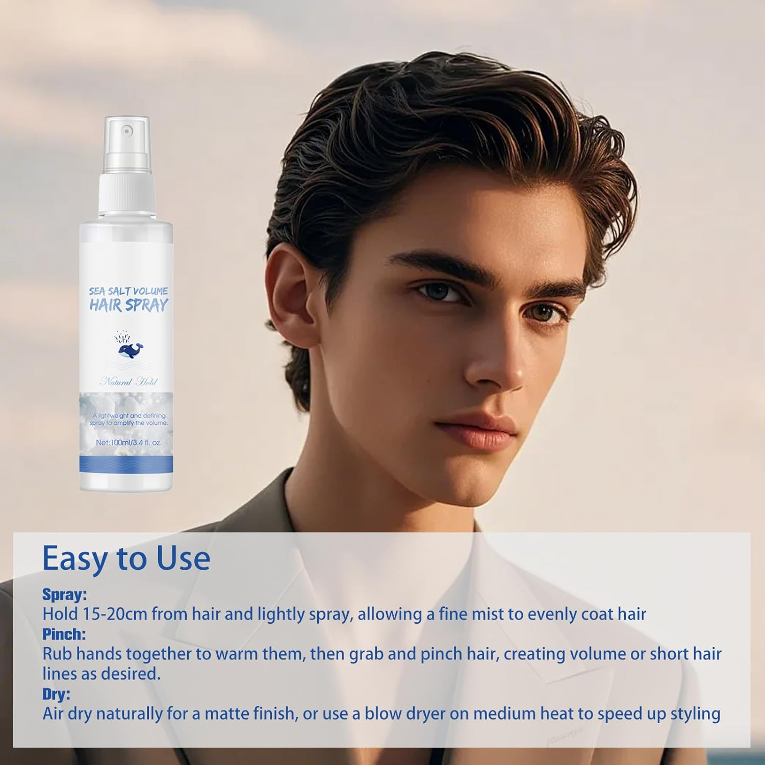 Natural Sea Salt Spray for Hair Men & Women,Adds Texture and Volume to Hair Strands,Natural Extract Formula - Aloe Vera and Red Algae,Portable Travel Essentials 3.4Oz/100Ml image number 3