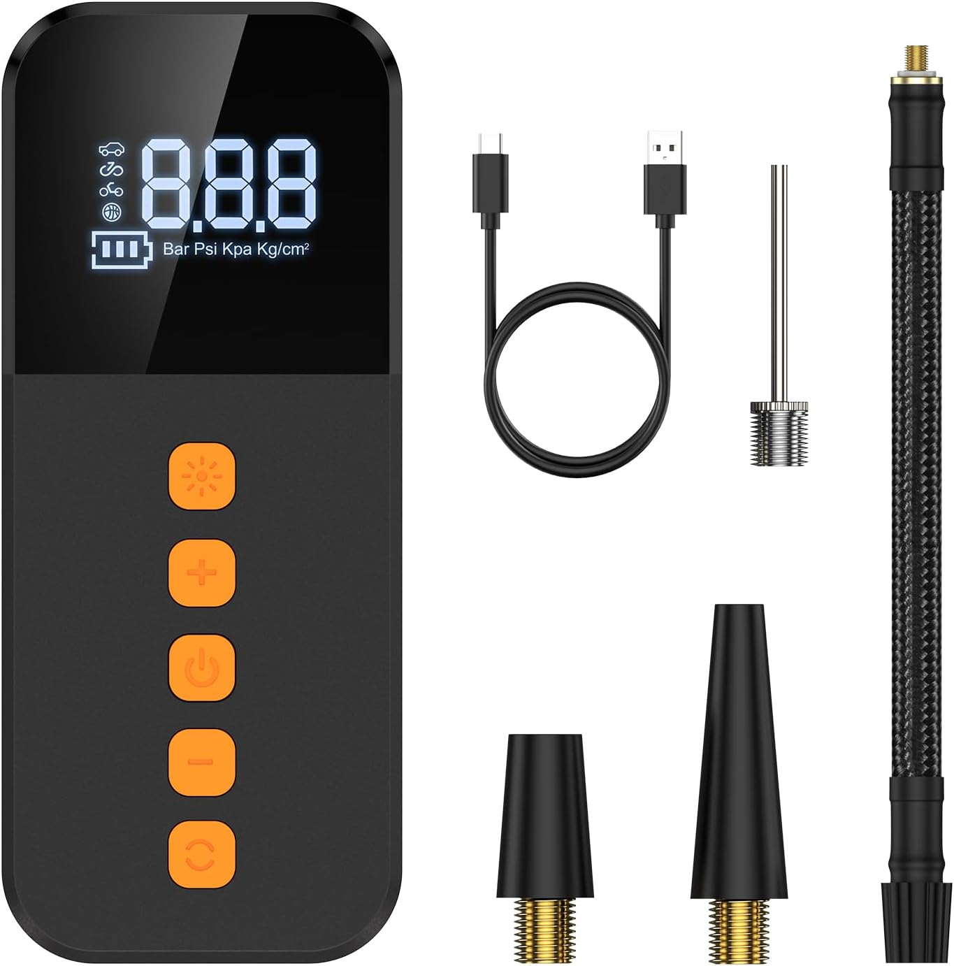 AMIR Portable Air Compressor, Powerful Cordless Tyre Inflator with 3 Nozzle Adaptors and LED Light, Tyre Pump with Pressure Gauge for Car, Motorbike, Bike and Ball image number 6