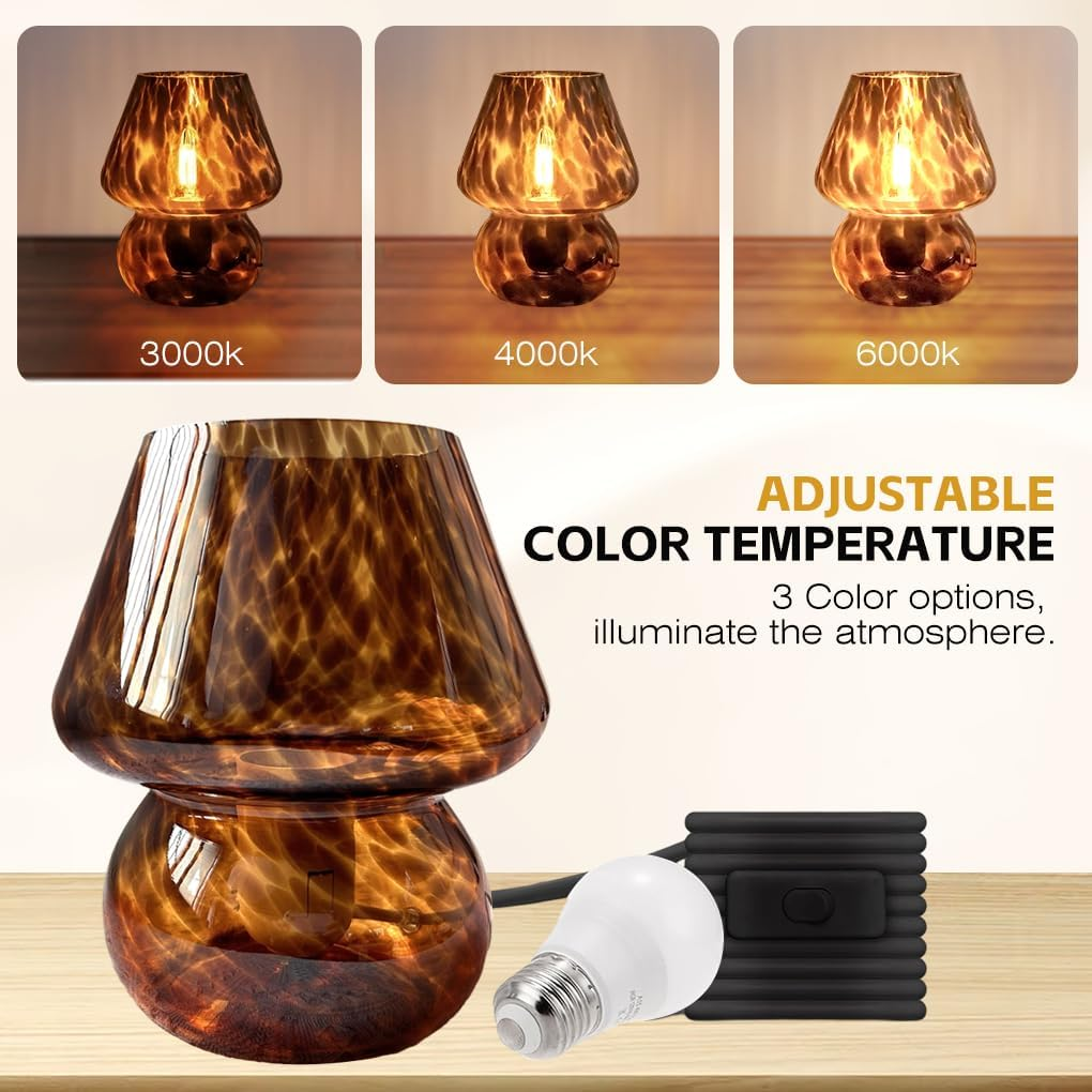 Clora Mushroom Lamp Glass Table Bedside Lamps Translucent Vintage Style Striped Night Light Home Decor (Amber-A)