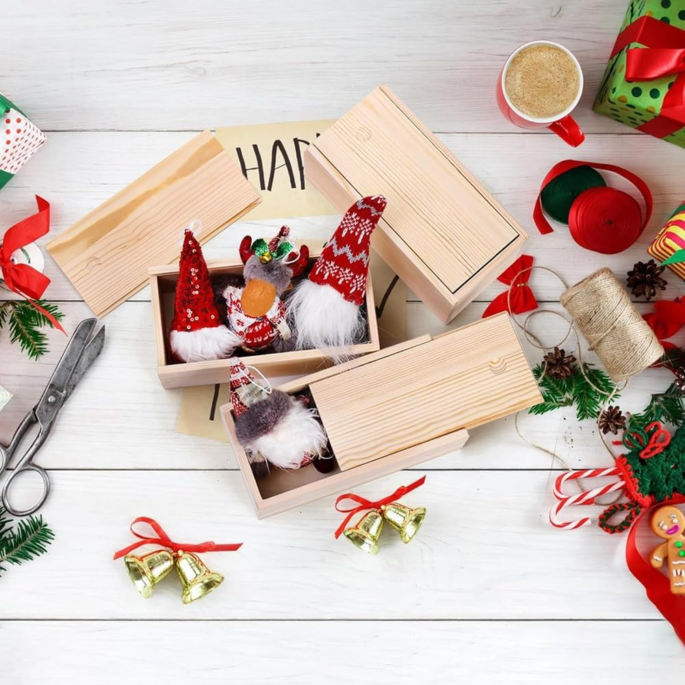 4 Pack Unfinished Wood Storage Box with Slide Lid, Vintage Keepsake Case Cards Container Small Gift Box for Art Hobbies, Fine Workmanship image number 5