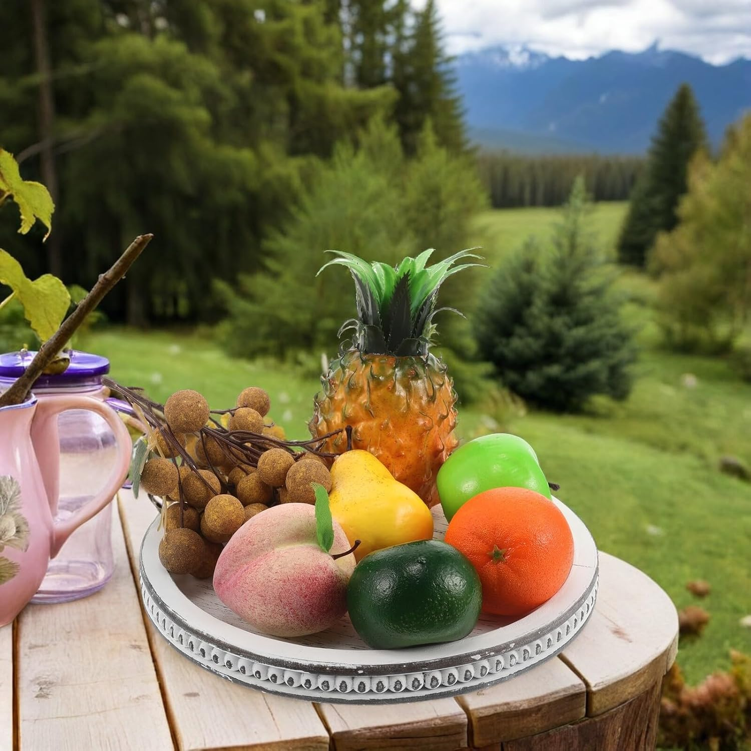 Vintage Farmhouse round Serving Tray Beige Table Tray for Jewelry Display and Candle Stand Elegant Decorative Organizer for Home Kitchen Dining Tabletop Decor image number 6