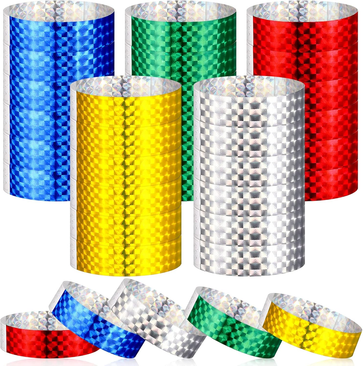 500 Pack Holographic Party Wristbands Assorted Colored Wristbands with Buckle Wristbands for Events Paper Wristbands Paper Bracelets Wristbands for Events Club Party (Gold, Red, Silver, Blue, Green)