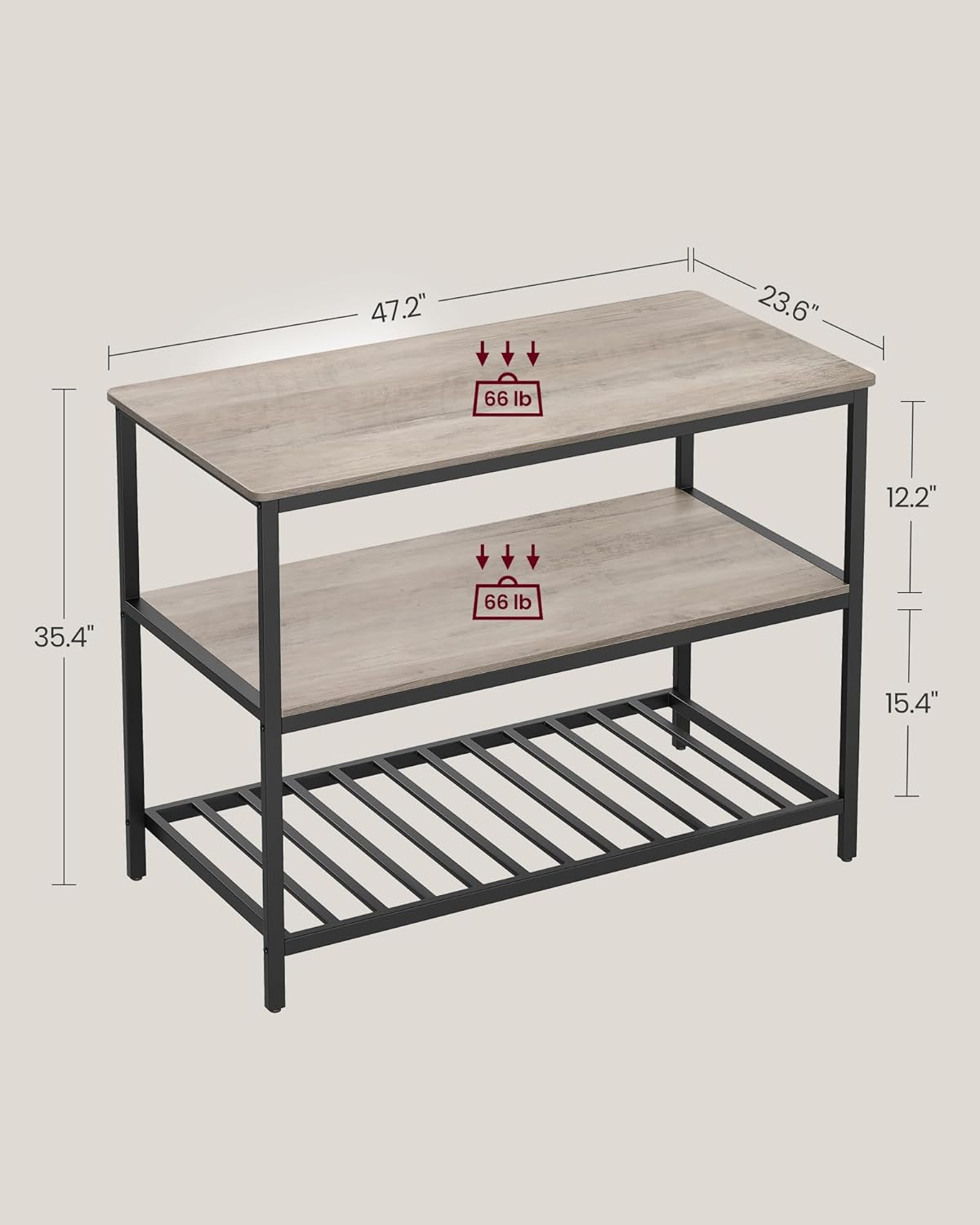 VASAGLE Kitchen Island with 3 Shelves, 47.2 Inches Kitchen Shelf with Large Worktop, Stable Steel Structure, Industrial, Easy to Assemble, Greige and Black UKKI001B02 image number 5