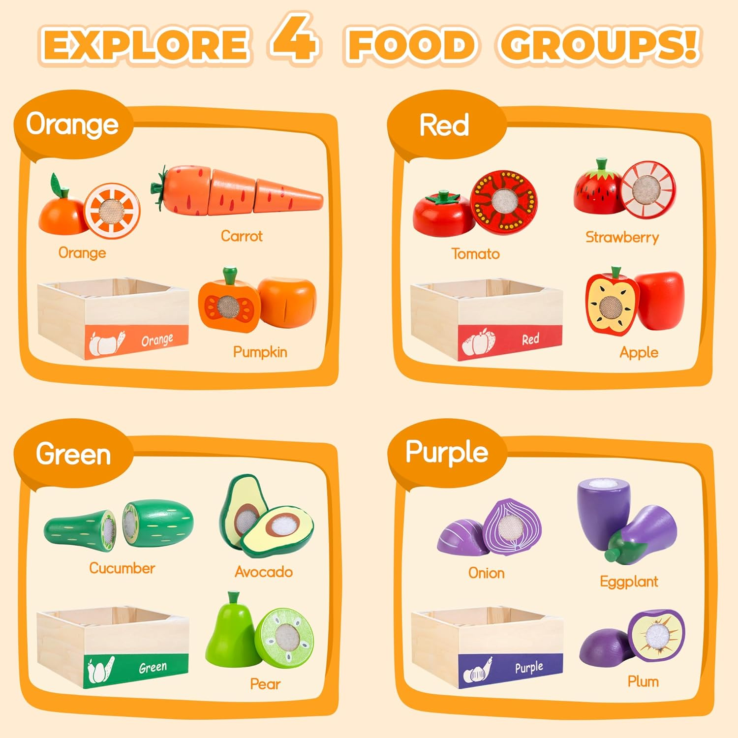 Wooden Play Food for Toddlers, Color Food Groups, Fruit & Veggies Cutting Set, Pretend Play Food Kitchen Accessories for 3 4 5 6 7 Years Old Boys & Girls image number 4