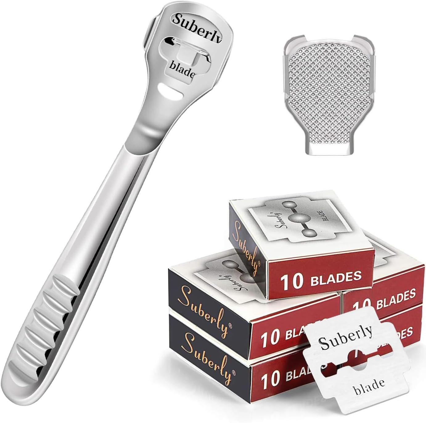 52 Pcs Callus Shaver Set,Funcyboo Callus Shavers Foot Care Razor Foot Shaver Pedicure Tools Heel Scraper for Feet (50 Replacement Blade &1 Stainless Steel Callus Shaver and 1 Foot File Heads) image number 4