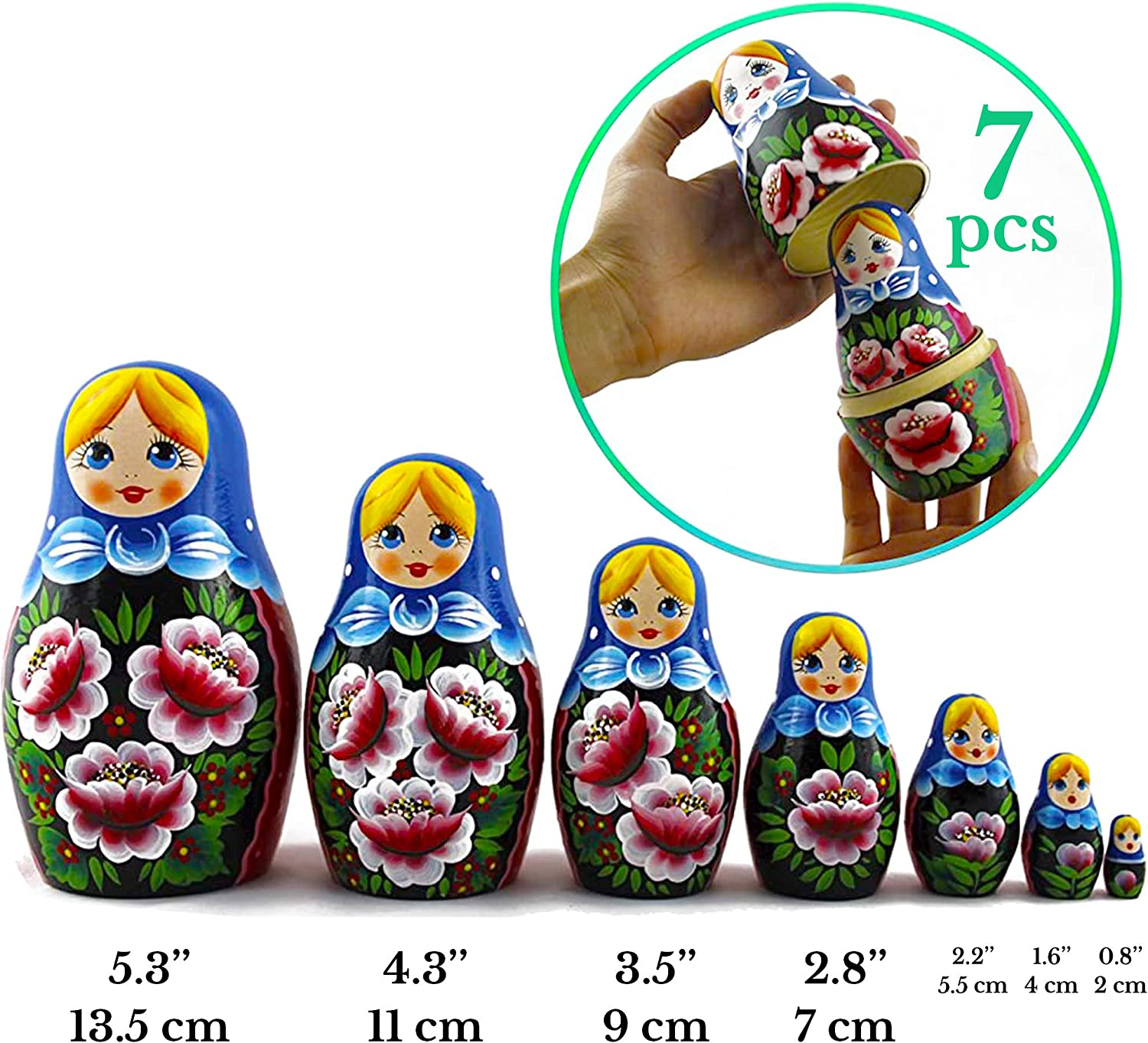 Nesting Babushka Dolls - Handmade Rose Hand-Painted - Matruska Stacking 7 Dolls - Munecas Rusas - Home Decor Decorations image number 6