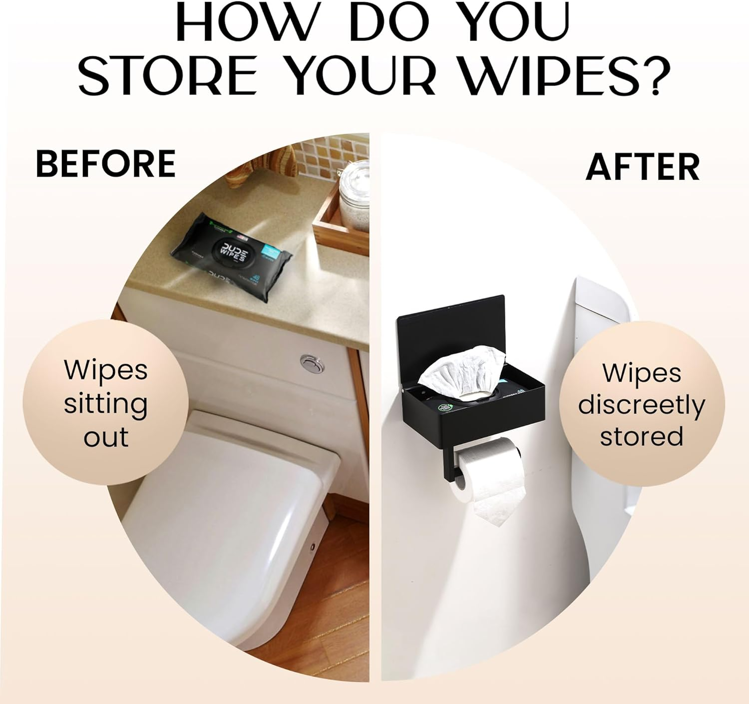 Day Moon Designs Toilet Paper Holder with Shelf - Flushable Wipes Dispenser & Storage Fits Any Bathroom, Keep Your Wet Wipes Hidden - Stainless Steel Wall Mount Bathroom Organizer - Matte Black, Large image number 2