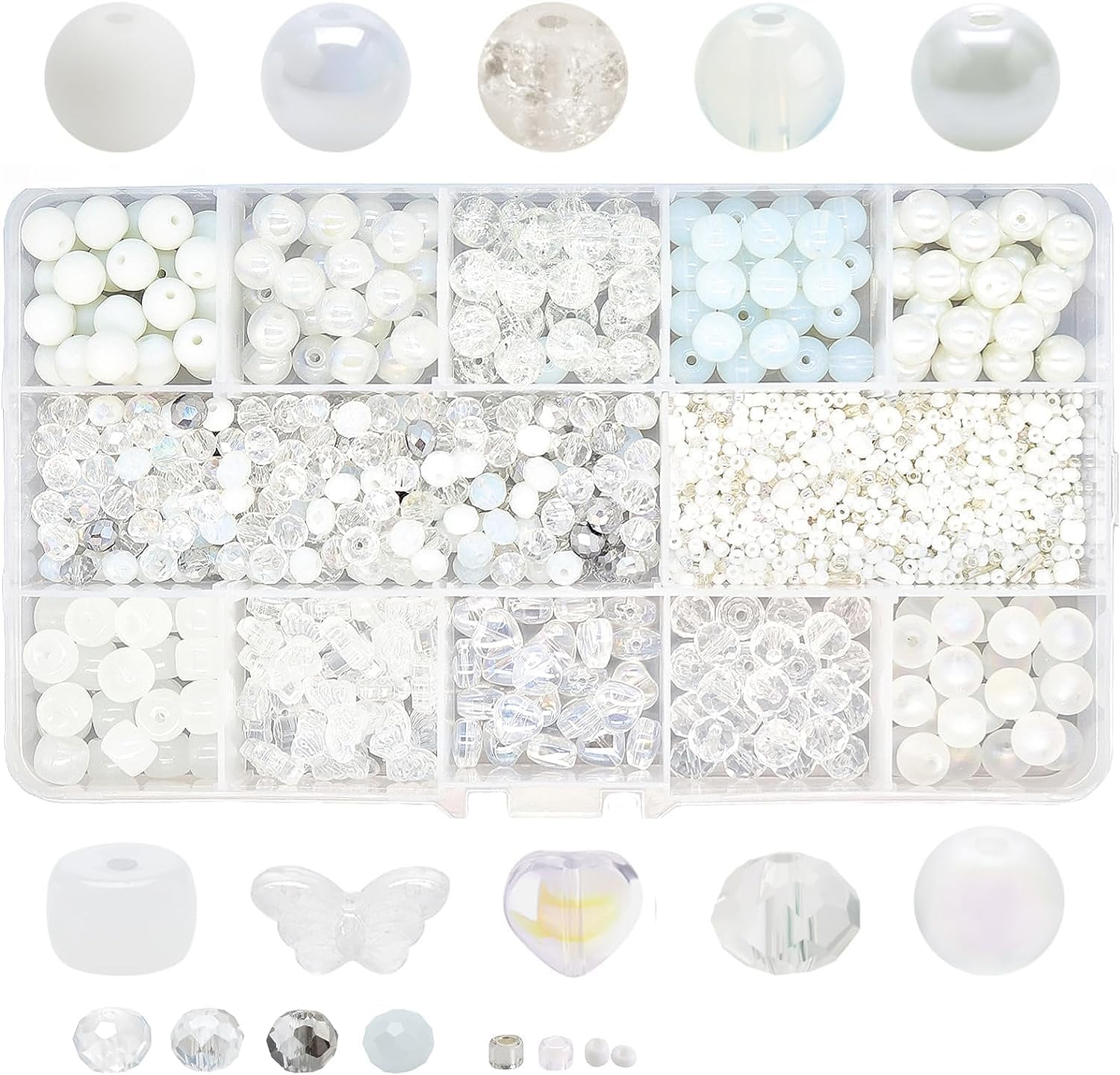 Crystal Glass Bead Kit - 1000Pcs Assorted Beads for Jewelry Making, Including 10 Different 8Mm Glass Beads, 200Pcs 4Mm Bicone Crystal Beads for DIY Crafts and Gifts (White Series)