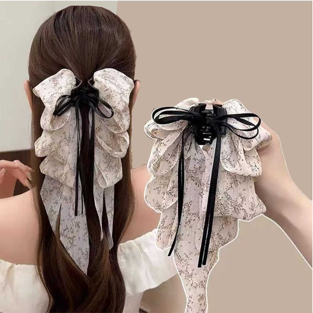 Large Bow Hair Clips with Long Ribbon Soft Broken Chiffon Ponytail Holder Shape for Women (Pack of 1) image number 1