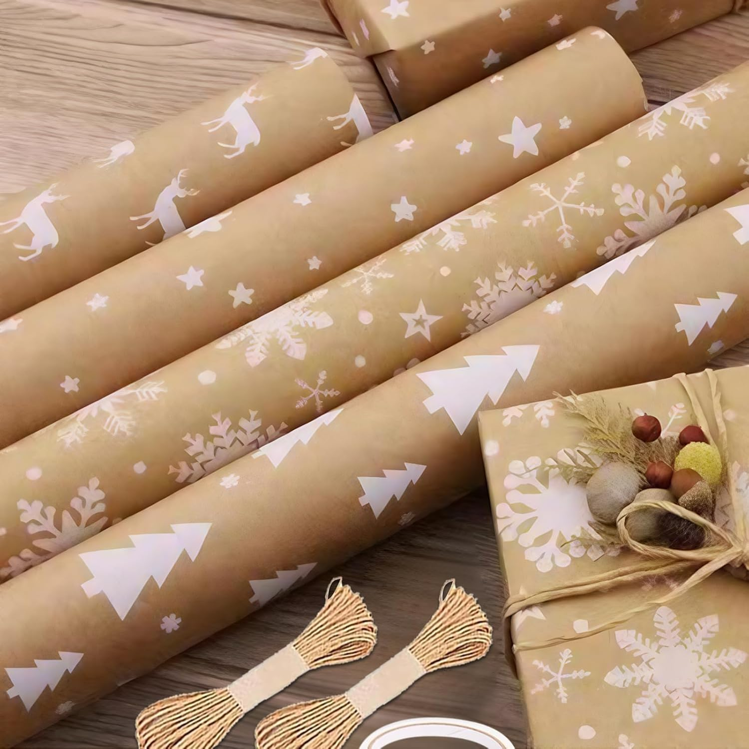 Christmas Wrapping Paper Rolls, 5 Rolls 44Cm X 300Cm, Brown Kraft Paper with Snowflake, Elk, and Xmas Tree Designs for Christmas, Party, and Festive Decorations image number 2
