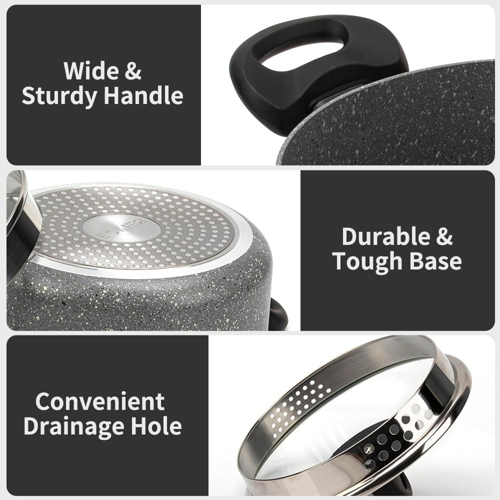 Non Stick Pot Cooking Stock Pots Saucepan Multipurpose Cast Cookware Set Pan with Strainer Glass Lid 3.2 Qt Two-Handled for Soup Noodle, Induction Comptable, PFOA Free 2025 New 20CM(3.0L) image number 3