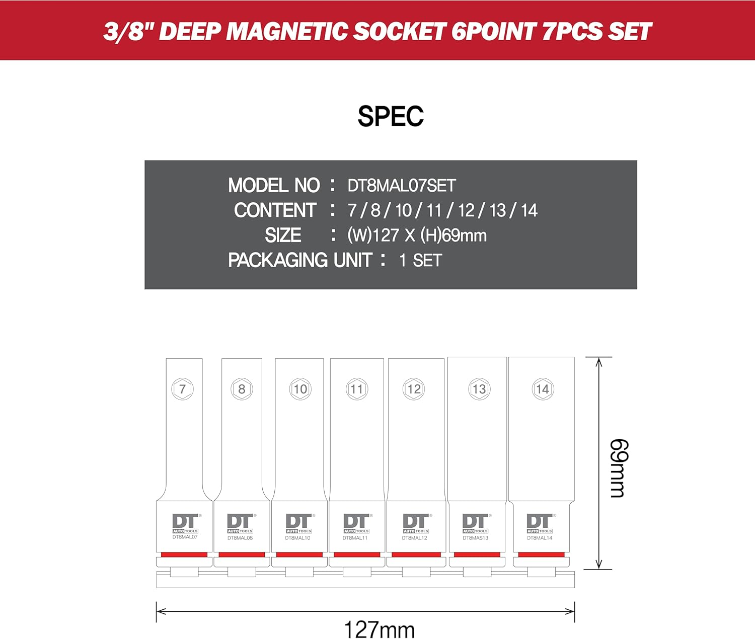 DT Auto Tools 3/8" Deep Magnetic Socket Set, 6-Point, 7-14Mm, 7 Pieces image number 4
