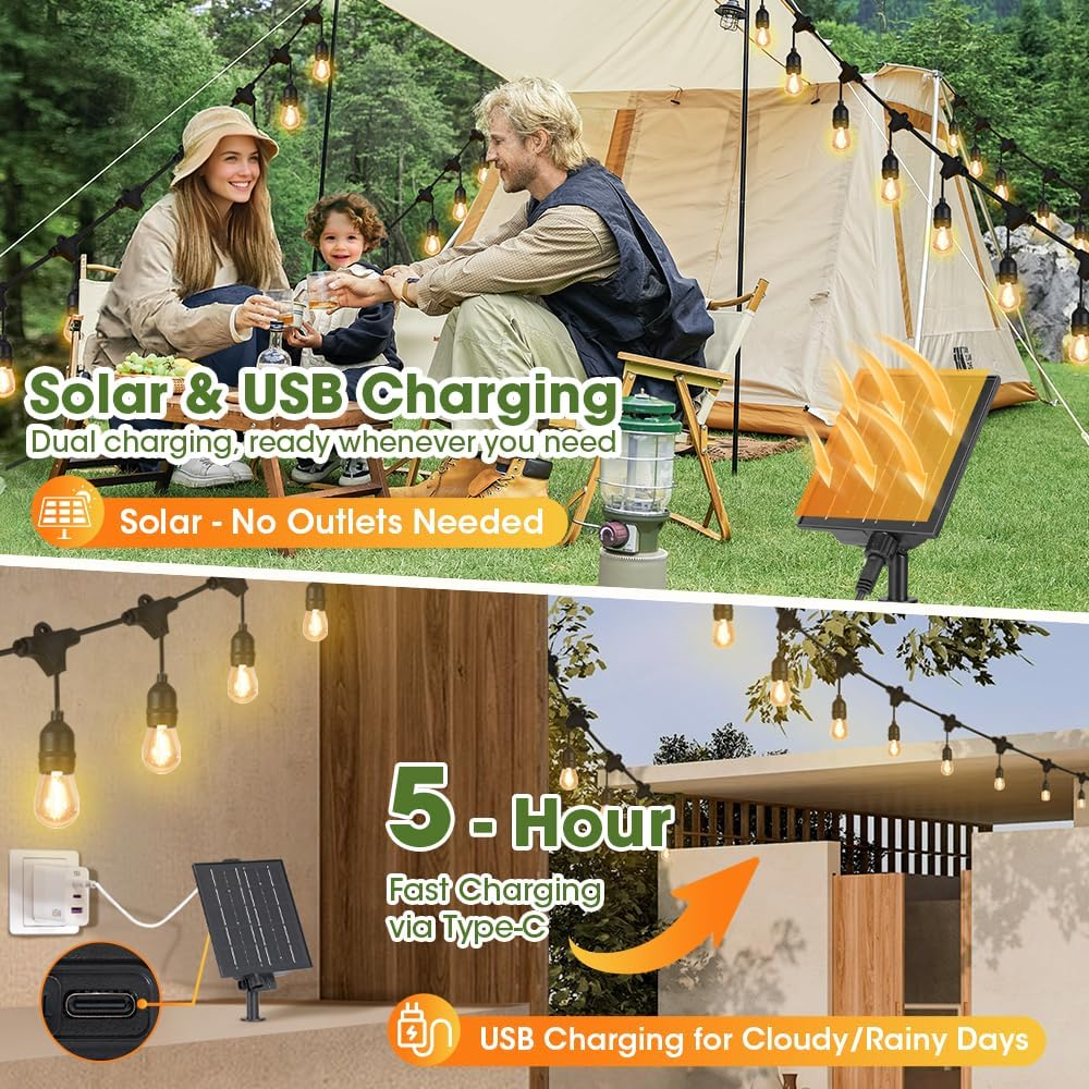 ZUNI Solar Festoon Lights Outdoor, 15M Solar String Lights with 15+4 LED Shatterproof Bulbs, IP65 Waterproof, 8 Light Modes, Dimmable Solar Light for Camping Garden Backyard image number 4