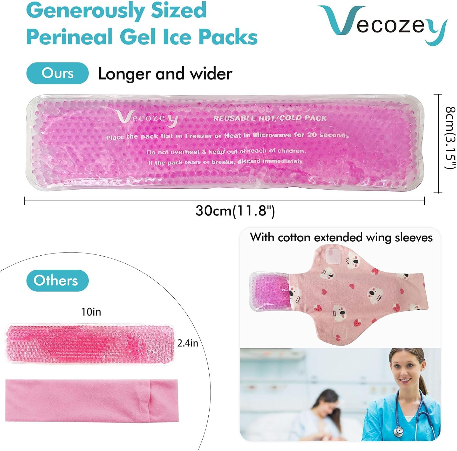 Vecozey 3 Perineal Ice Packs for Postpartum & Hemorrhoid Pain Relief, Reusable Hot & Cold Wraps for Women after Pregnancy and Delivery, Post Partum Essentials Cooling Pads & Washable Cotton Sleeves image number 2