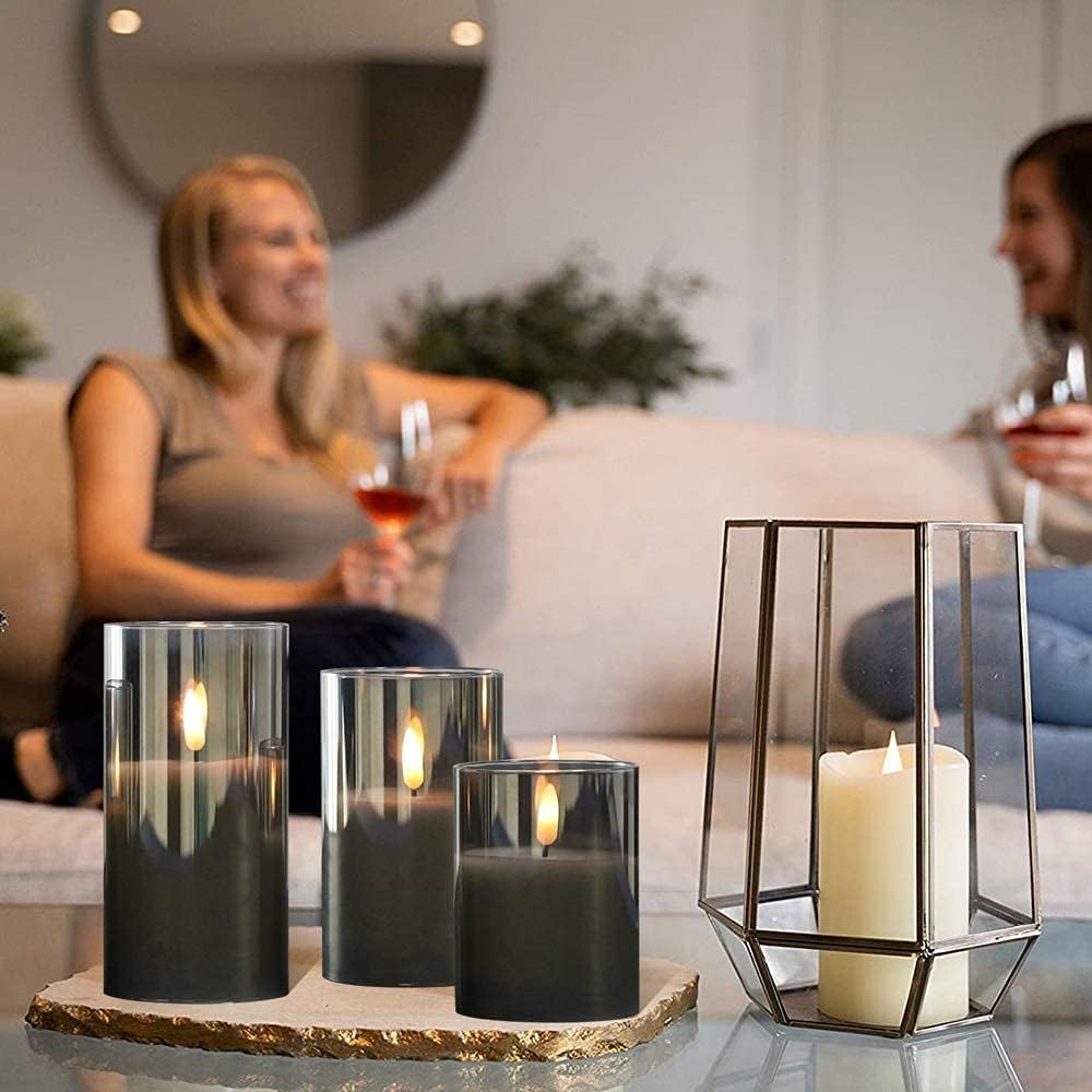 Genswin Glass Flameless Candles with Remote Battery Operated Flickering LED Pillar Candles Real Wax 3D Wick for Wedding Festival Home Decoration(Gray,Pack of 3) image number 2