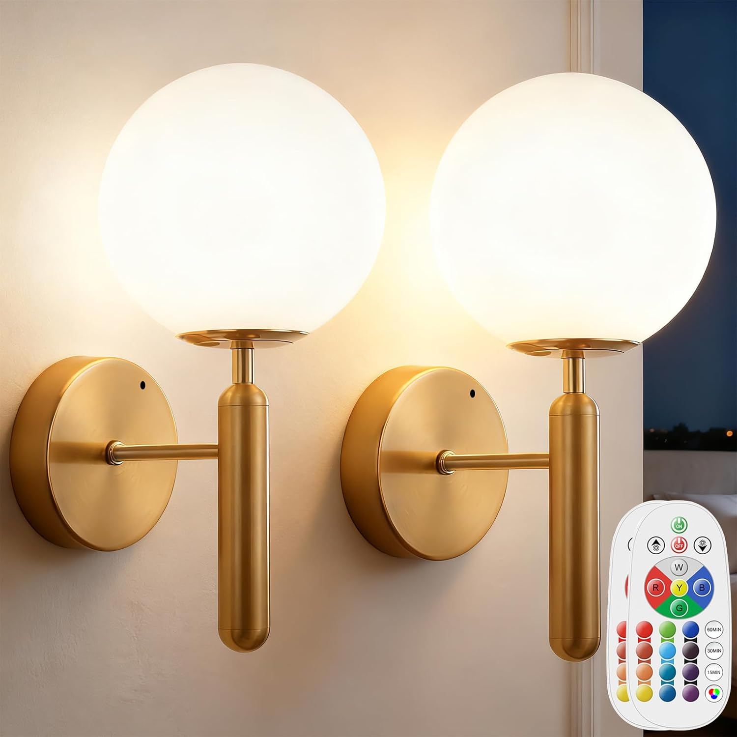 Battery Operated Wall Sconces Set of 2, Rechargeable Wireless Battery Wall Lights with 6000Mah Dimmable RGB Bulbs, 16 Colors Gold Wall Lamps with Remote for Bedroom Living Room Hallway image number 4