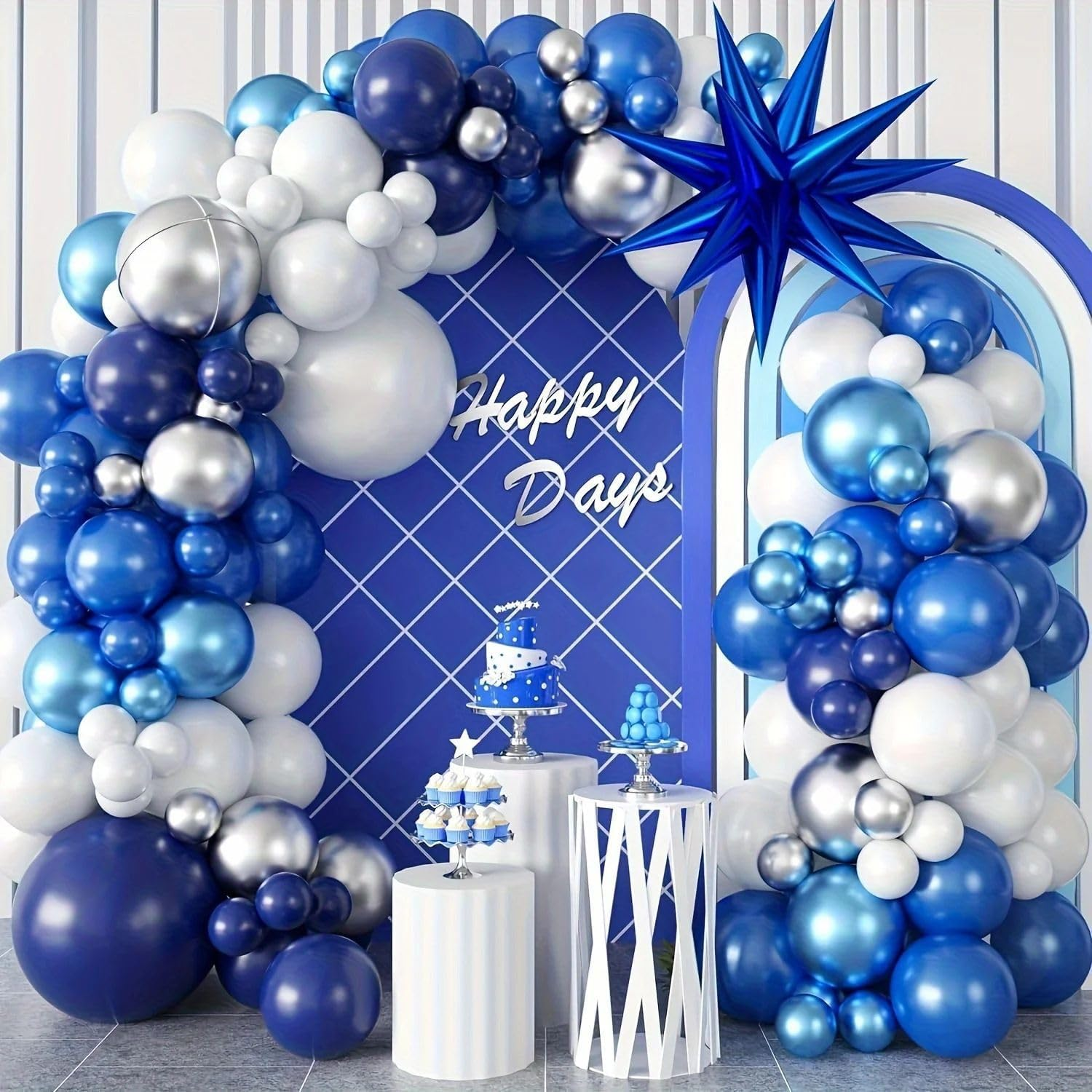 Blue White Balloon Arch Kit, Navy Blue Silver White Balloon Garland with Star Foil Balloons for Birthday Wedding Graduation Party Decoration image number 6