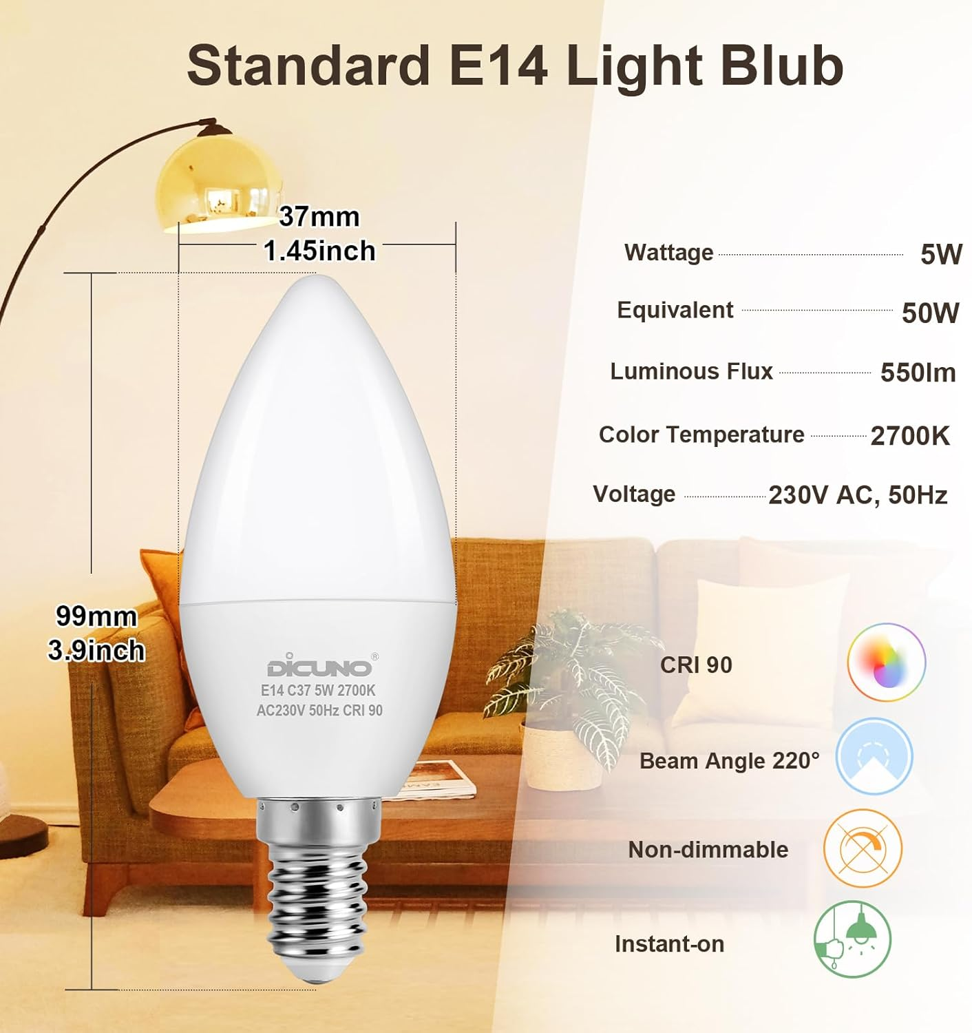 Dicuno E14 Bulb, 5W Small Edison Screw Candle Light Bulbs, 550LM, 50W Incandescent Equivalent, Warm White 2700K, CRI90, SES C37 E14 LED for Chandeliers, Pack of 6 image number 6