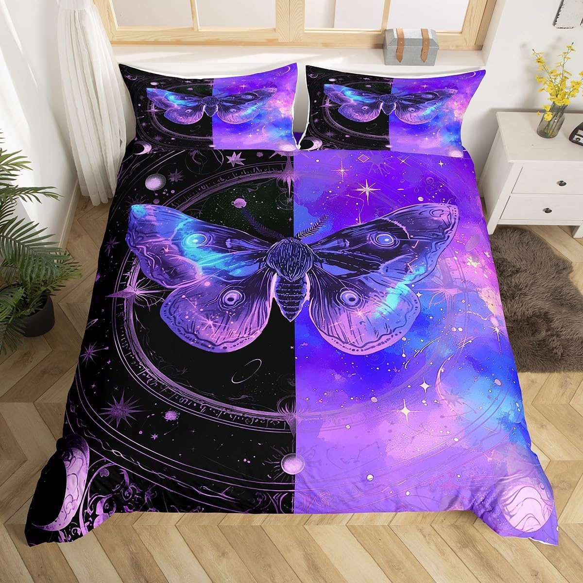 Homewish Goth Moth Duvet Cover Set, Purple Galaxy, 135 X 200 Cm Bed Linen Sets, Rustic Aesthetic Animal Comforter Cover, Bohemian Sun and Moon Bed Set, Boho Bedroom Decor