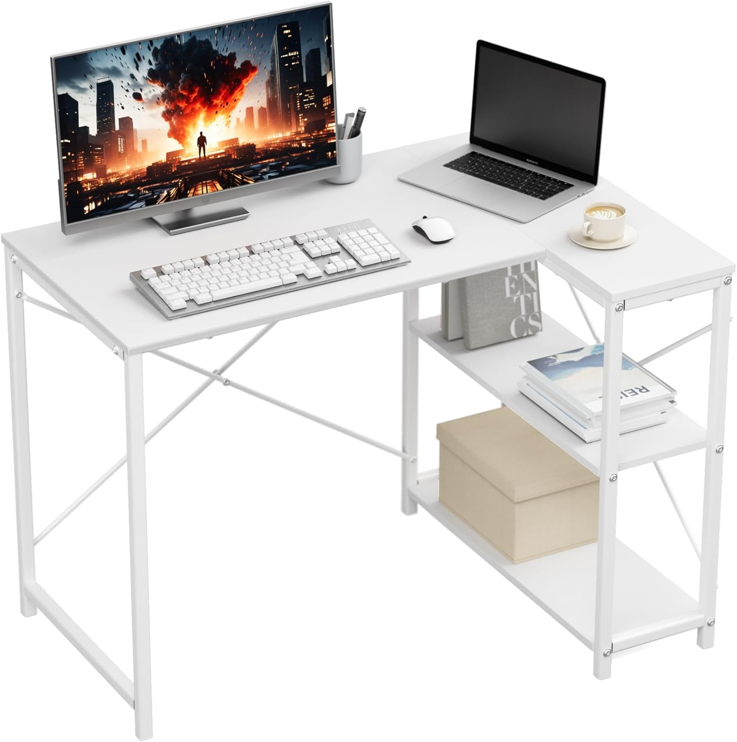 Zinus 100 Cm L-Shaped Computer Desk with Storage Shelves, Corner Desk, Metal Legs, Modern Simple Writing Table, Perfect for Small Space, White image number 3