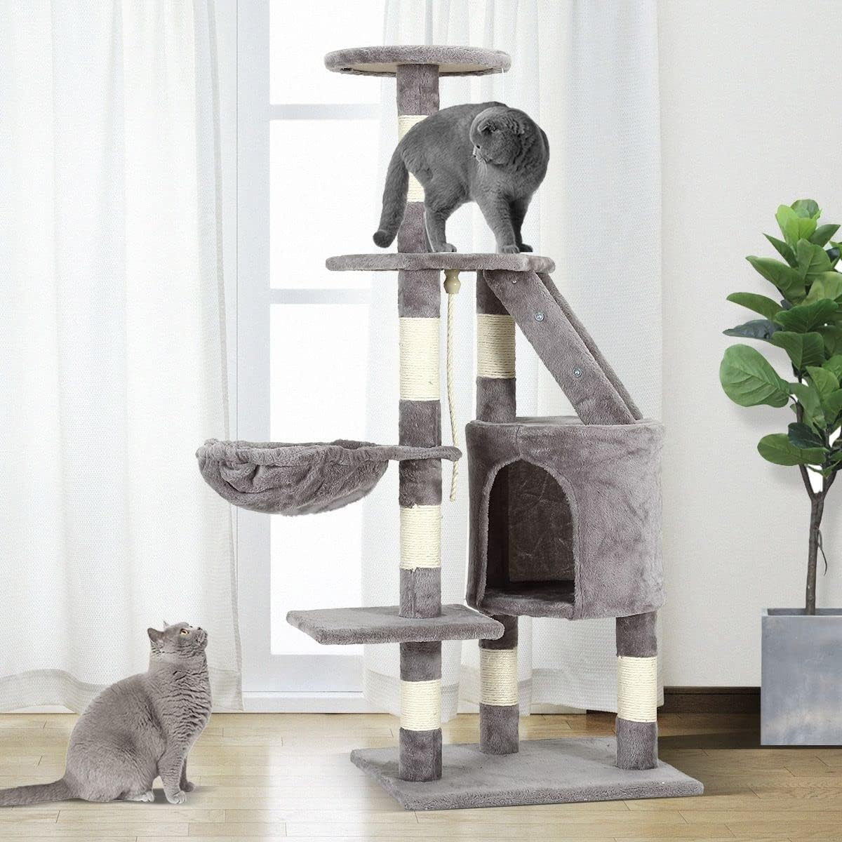 118Cm Plush Cat Scratching Post Climbing Tree Condo Play Center for Activity with Perches Dangling Rope Toys image number 2