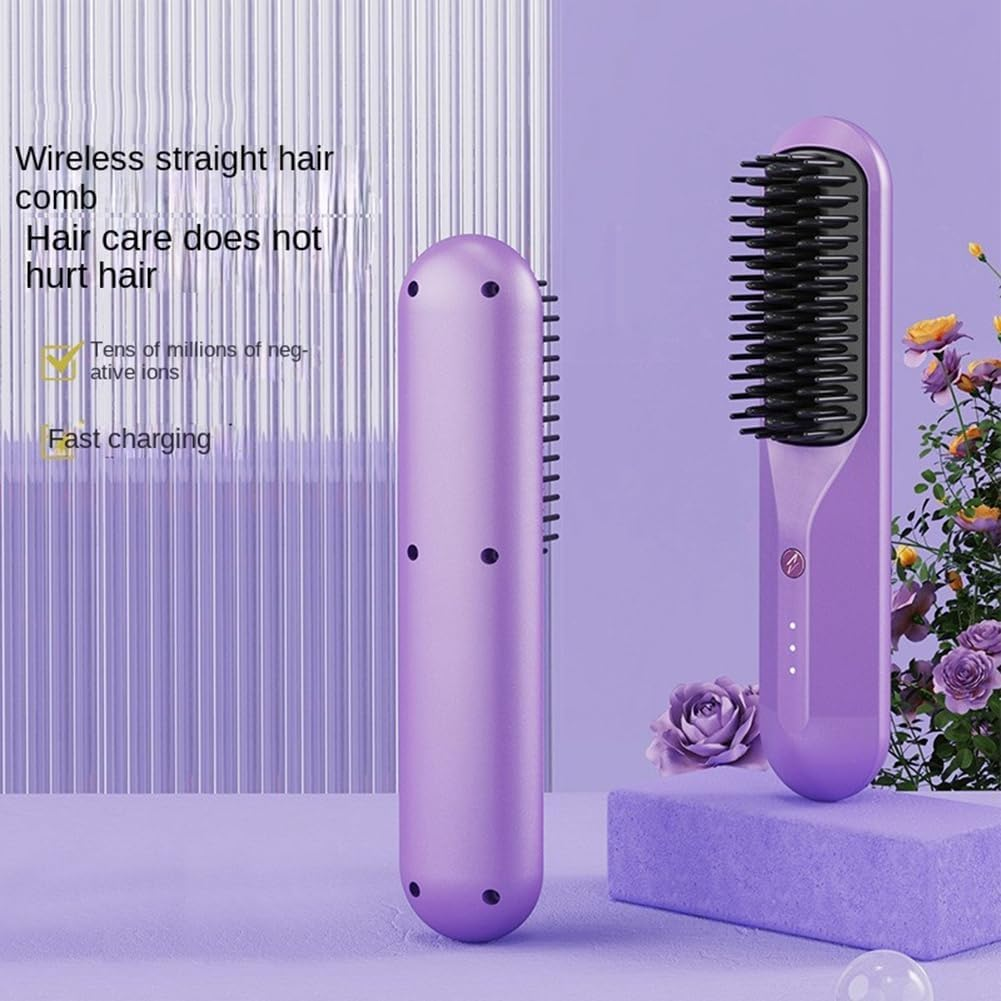 Rechargeable Hot Comb Cordless Hair Brush Straightener Heat Pressing Combs Electric Comb anti Burn Fast Heating-C - Pink image number 2