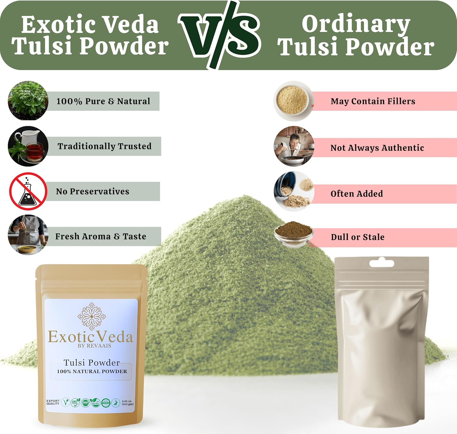 Exotic Veda Tulsi Powder | 100% Pure & Natural No Additives, No Preservatives | 100G Pack image number 4